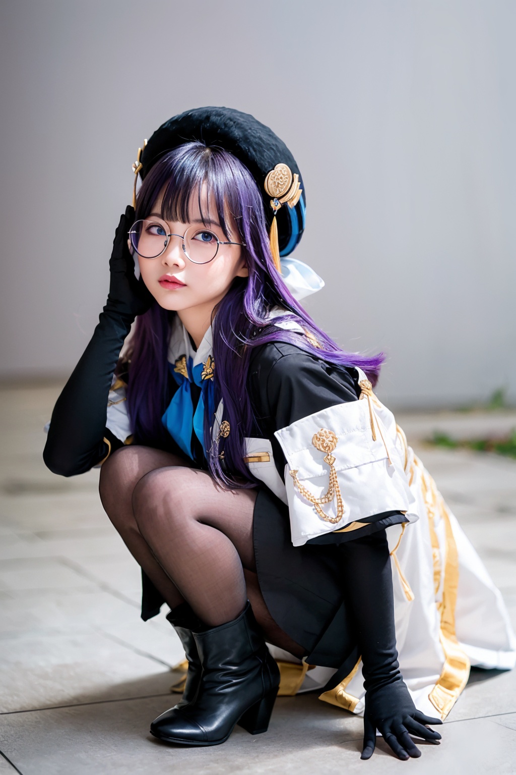 masterpiece, best quality, <lora:pela:1>,realistic, (photoshop \(medium\):1.4),glasses, pela (honkai: star rail), 1girl, solo, gloves, hat, long hair, pantyhose, glasses, blue eyes, bangs, black gloves, monocle, boots, squatting, purple hair, black headwear, full body, beret, squiggle, closed mouth, long sleeves, jacket, high heels, skirt, black pantyhose, elbow gloves, dress, looking at viewer, grey background, multicolored clothes