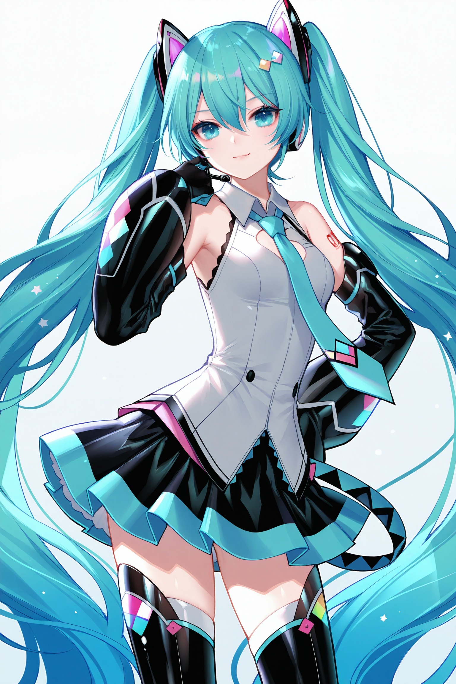 masterpiece,best quality,newest,absurdres,highres,soft shadows,photorealistic,(bison cangshu:0.5),(fuzichoco:0.6),(rimuu:0.5),(mignon:0.5),(sheya:0.6), <lora:MMM2014XLNAI:1> magical mirai miku \(2014\),hair ornament,necktie,detached sleeve,sleeveless shirt,thigh boots,