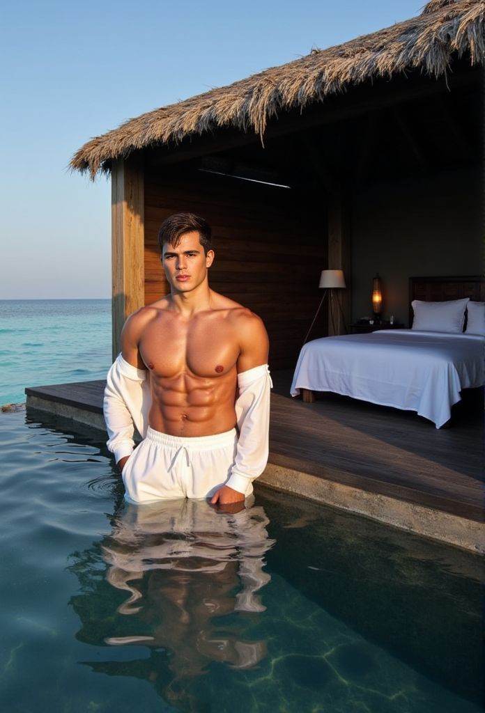 Pietro Boselli ,  standing by the pool in Maldives in open shirt,  sexy on Tensor.Art