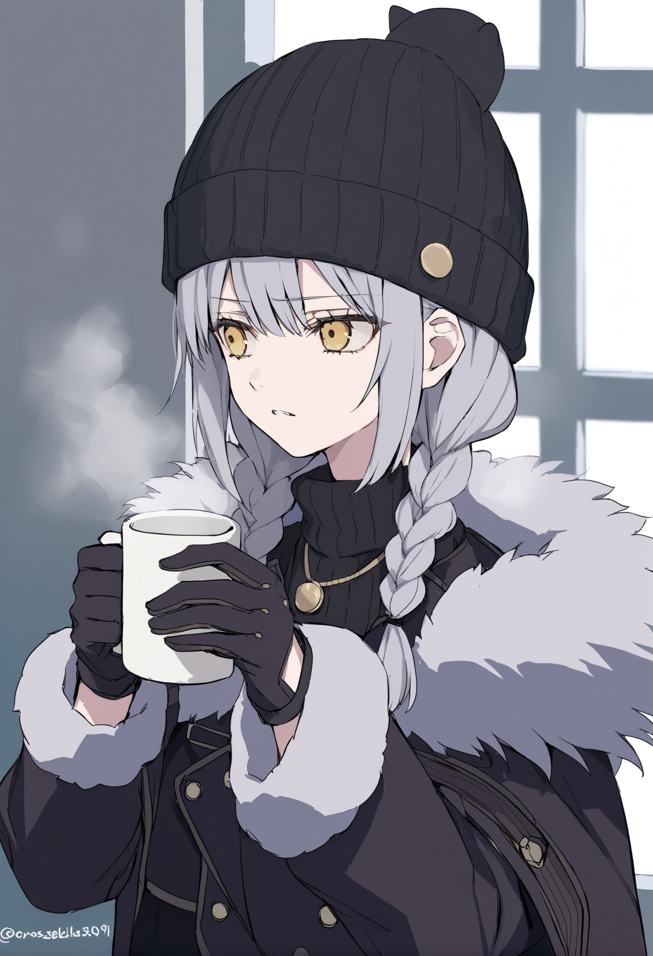 masterpiece, best quality,1girl,   solo, jacket, long hair, cup, hat, black jacket, braid, upper body, bangs, open jacket, black headwear, open clothes, fur trim, long sleeves, yellow eyes, beanie, white sweater, sweater, animal hat, fur-trimmed jacket, parted lips, looking away, steam, cat hat, window, white hair, grey hair, mug, gloves, black gloves, twin braids, black dress, fur-trimmed sleeves, black capelet, dress, holding, frown, braces, twitter username, hands up, hair between eyes, capelet, jewelry, holding cup, pendant <lora:hakuhiruoeoeXLlokr-000056:1>