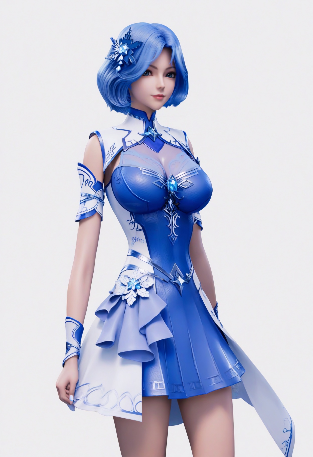 score_9,<lora:SF_LinJiaLu_Pony_Realism2.3-000003:0.7>,1girl,solo,hair ornament,short hair,large breasts,blue hair, dress,standing,looking at viewer,white background,simple background,