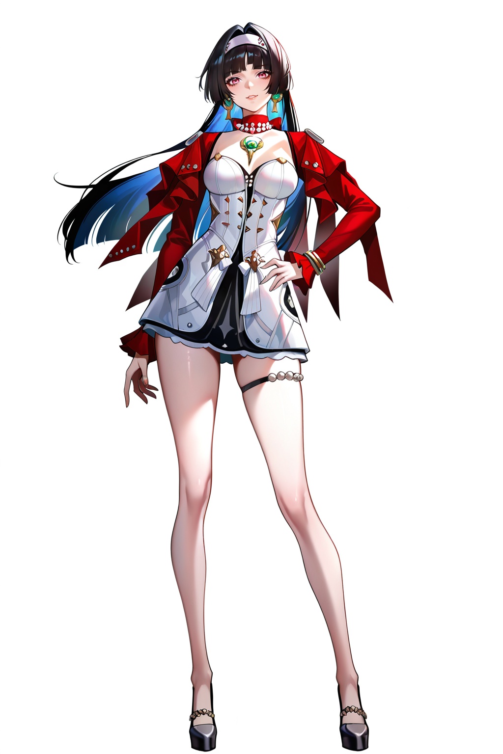 8k,best quality,masterpiece,(ultra-detailed),(high detailed skin),masterpiece,best quality,<lora:wqmt-gnoob-Tanger:0.6>,Path to Nowhere  \(video game\),game CG,cool,colorful,detailed light,light leaks,sunlight,bokeh,blurry foreground,ray tracing,lens flare,cinematic lighting,full body,full shot,standing,looking at viewer,(solo:1.2),simple background,(white background:1.2),hand on own hip,(white background:1.1),<lora:yaojy-noob-Tanger-000014:0.8>,Astra Yao \(zenless zone zero\),clothes: yjy def white short dress with red jacket,1girl,solo,long hair,red jacket,black hair,jewelry,breasts,hairband,thigh strap,earrings,bare legs,A full-body portrait of a young girl,standing gracefully,pastel art style,high-key lighting,shoujo manga influence,hd quality,delicate details,