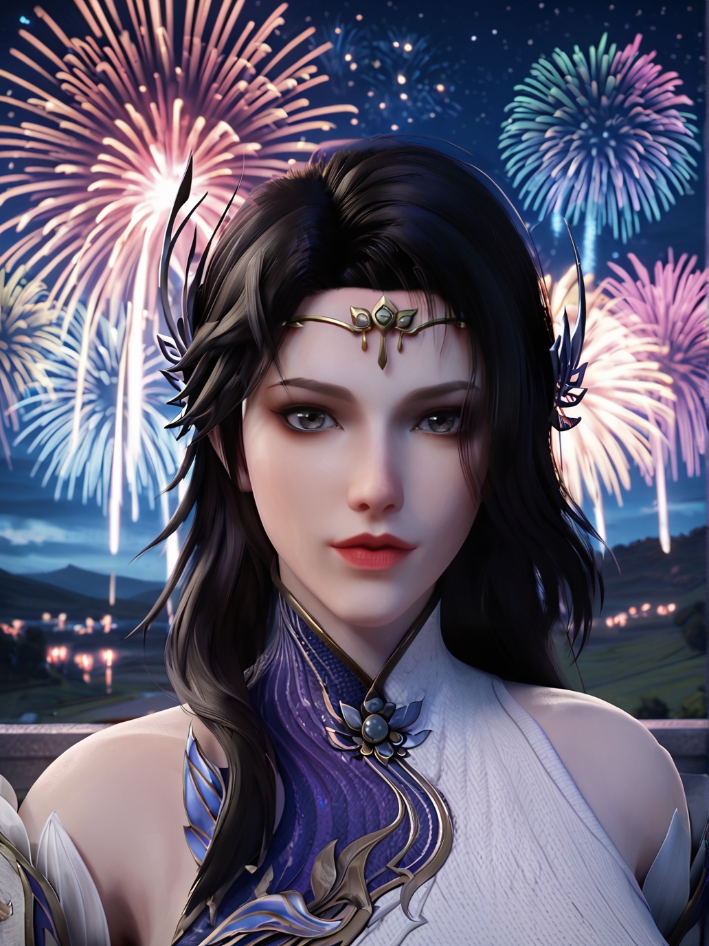 score_9,score_8_up,score_7_up,source_3d,rating_safe,<lora:xuanyi-000008:0.9>,xuanyi,1girl,solo,closed mouth,hair ornament,(forehead jewelry),china dress,looking at viewer,portrait,outdoors,landscape,night sky,star \(sky\),cloud,glowing,fireworks,depth of field,blurry background,