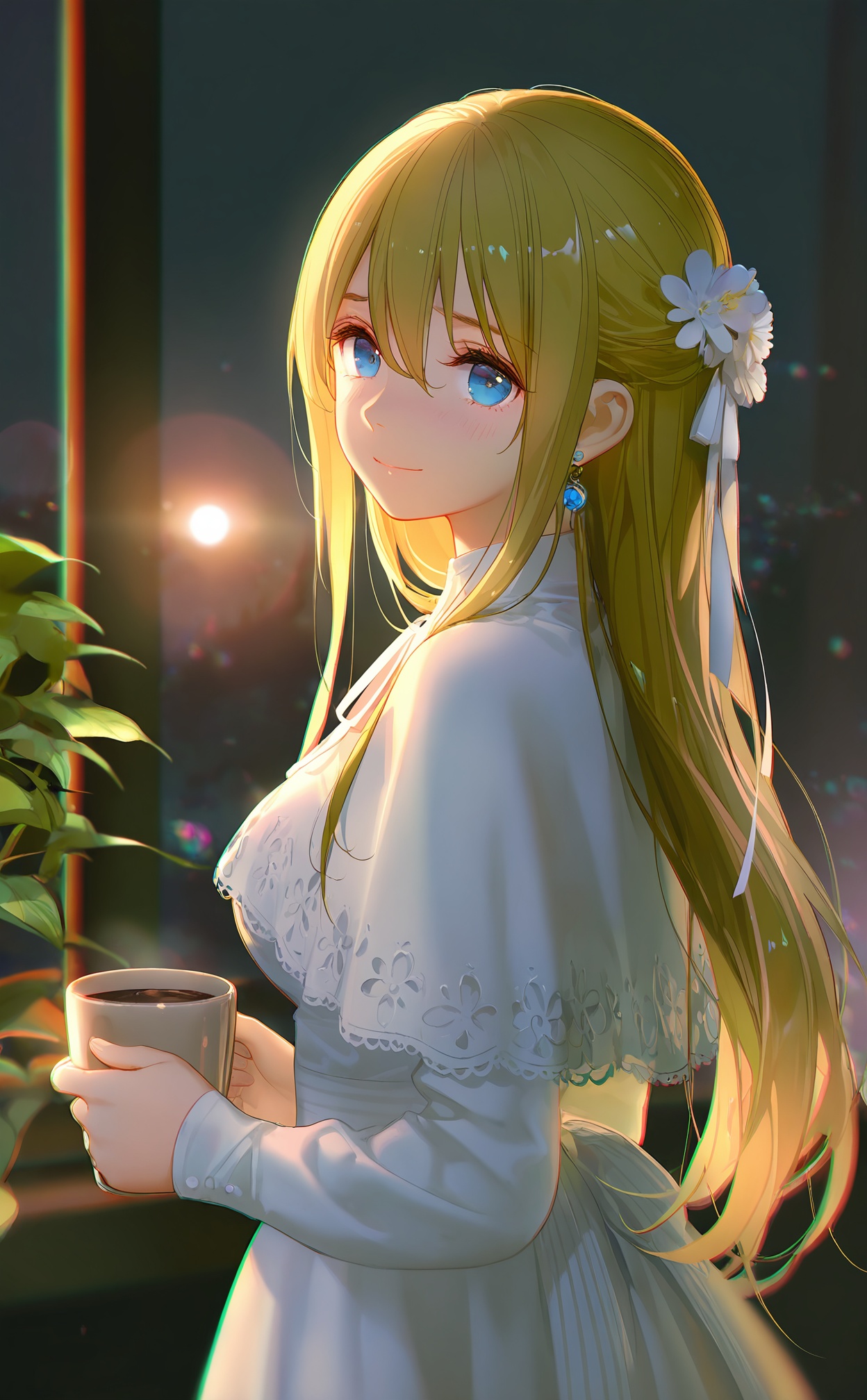 masterpiece,absurdres,best quality,high quality,chromatic_aberration,Night,darkness,black theme,shy,embarrass,endured_face,nsfw,//,1girl, solo, blonde hair, flower, window, hair flower, hair ornament, looking at viewer, cup, blue eyes, smile, long hair, indoors, upper body, holding, closed mouth, blush, white capelet, holding cup, breasts, capelet, dress, white dress, leaf, white flower, blurry, earrings, jewelry, mug, backlighting, looking to the side, looking back, hair between eyes, medium breasts, sunlight, plant, white ribbon, blurry background, ribbon, long sleeves//,tenki_no_ko,(Artist:tidsean:0.6),(Artist:canarinu:0.8),(Artist:gom_jabbar:0.42),Artist:ask_(askzy),(Artist:na-ga:0.9),(Artist:chocoan:0.55),(artist:izumi_tsubasu:0.5),(artist:707arisu:0.65),[Artist:DIno:0.5],(artist:wlop:0.45),artist:alphonse_(white_datura),//,highres,HDR,8K,high contrast,illustration,depth of field,(colorful),Tyndall effect,contrast,lens flare,