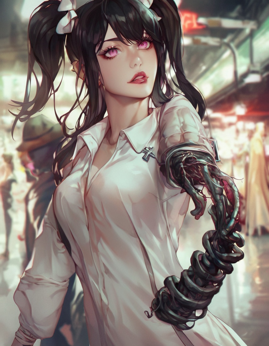 score_9,score_8_up,score_7_up,Darkness,horror,creepy,Impressionist Anime painting,metro 2033,disease,mine - type,mass - produced type,cross,slanted eyes,thick coating,twintails,ribbon,black hair,pink eyes,on metro station interior,horror movie atmosphere,dramatic light atmosphere,by Malcolm Liepke,Casey Baugh,jujin ito,and Nick Alm,