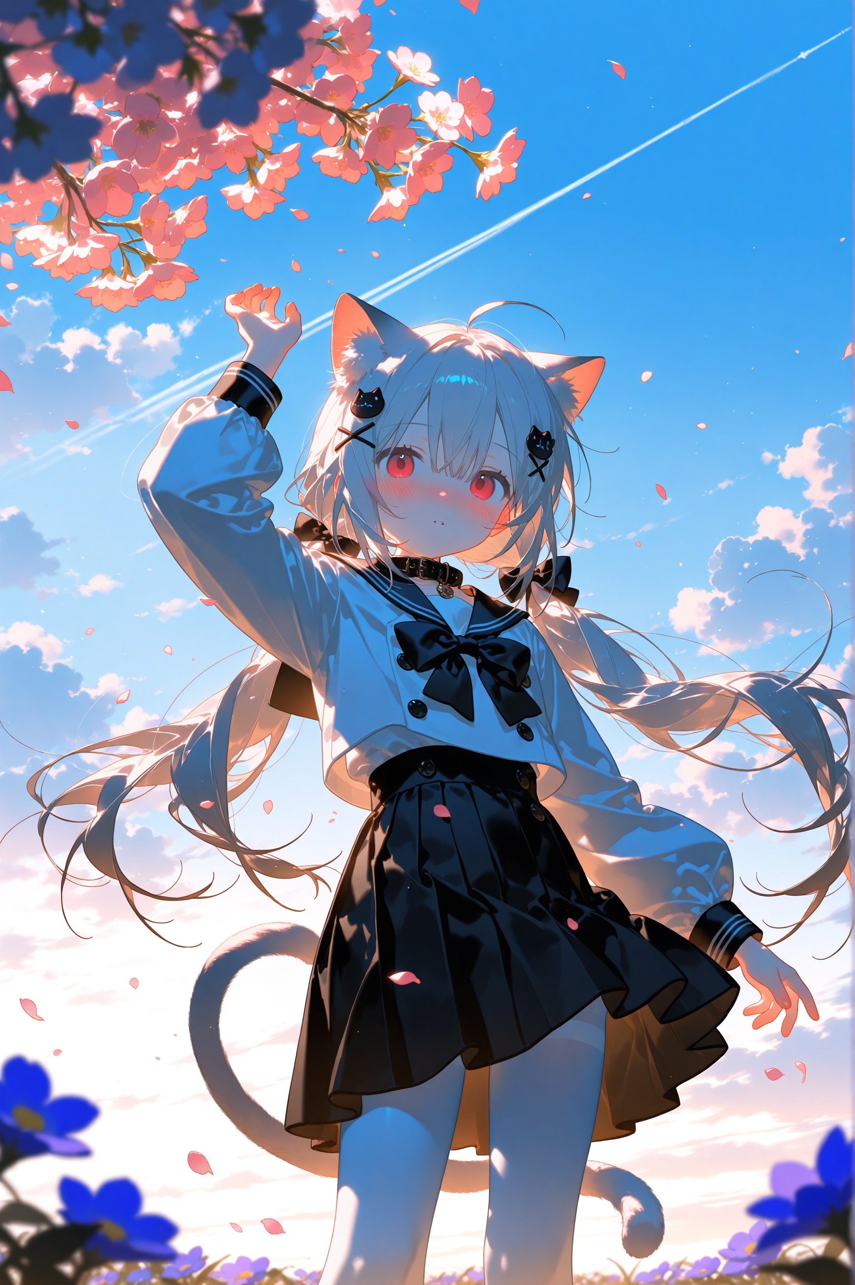masterpiece,best quality,high quality,loli,konya,1girl skirt cat solo shirt animal ears outdoors long hair white shirt sky hair ornament cloud red eyes day black skirt long sleeves bangs twintails x hair ornament white pantyhose animal ear fluff blush bow cat ears blue sky pantyhose sailor collar very long hair closed mouth black sailor collar black bow hand up white hair high-waist skirt hair between eyes blurry foreground sitting collar cat girl petals animal bowtie black collar white cat flower low twintails looking at viewer grey hair floating hair cloudy sky feet out of frame pleated skirt blurry tail black bowtie wind small breasts cat hair ornament parted lips puffy long sleeves cat tail school uniform choker depth of field breasts from below hair bow contrail looking away suspender skirt puffy sleeves serafuku looking at animal buttons ahoge arm up mutated hands poorly drawn hands mutated hand and finger fused fingers too many fingers missing fingers