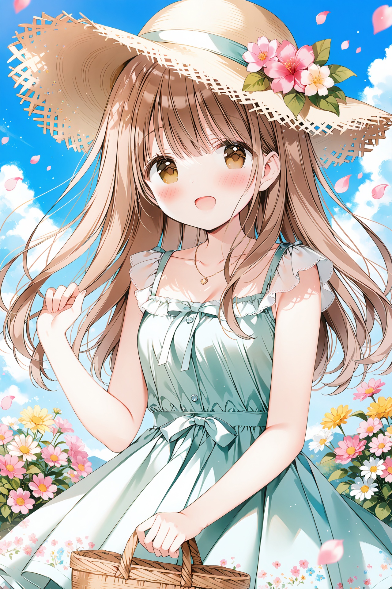 masterpiece,best quality,high quality,(colorful),[Artist miwano rag],[Artist chen bin],Artist weri,solo,1girl,dress,hat,outdoors,flower,smile,sky,straw hat,long hair,looking at viewer,brown hair,open mouth,petals,pink flower,sleeveless,day,:d,cloud,blue sky,blush,green dress,brown eyes,basket,bangs,sleeveless dress,sundress,collarbone,bare shoulders,necklace,jewelry,bare arms,brown headwear,floral print,hand up,hat flower,