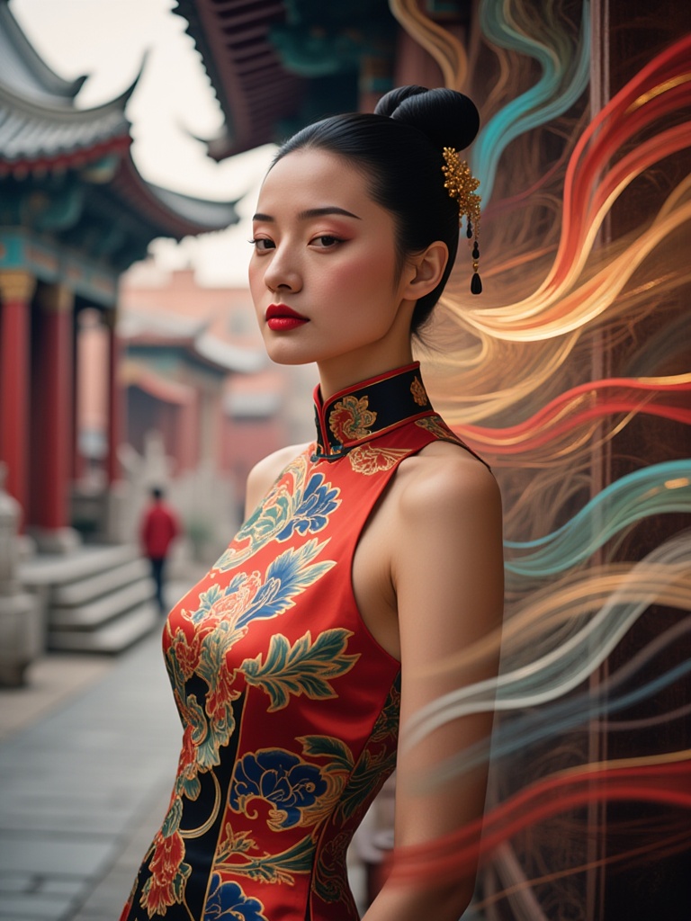 hfxnsas,a beautiful Asian woman with fair skin and black hair styled in a high bun, wearing a traditional Chinese qipao dress with intricate floral patterns in shades of red, blue, and gold. She has a serious expression and is standing in front of a traditional Japanese temple with a blue roof and red pillars. The background is blurred, with a soft, ethereal light illuminating her from behind. The image has a high-quality, professional feel with a focus on the woman's elegant and sophisticated attire.<lora:S-T-汉服仙女-S1.5:1>