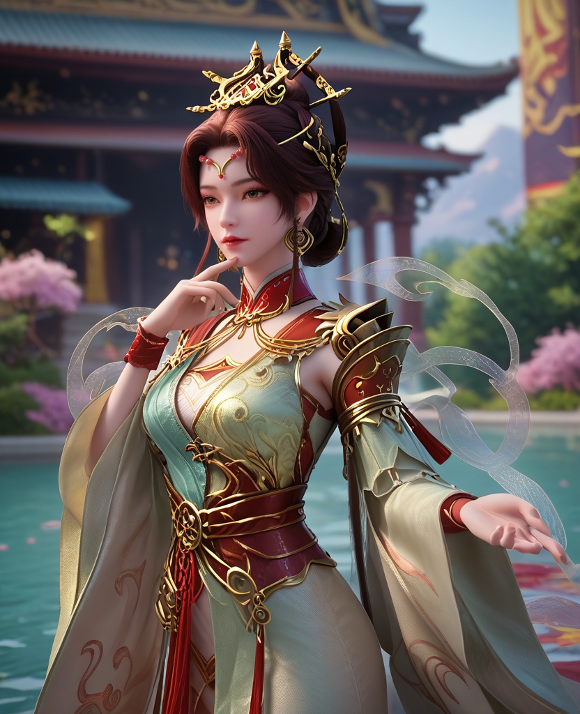 (oriental architecture, elegant decor, sophisticated style:1.1),camping,(breasts:1.2),<lora:XL16完美世界真仙英灵:0.95>,1girl,two-tone celadon and red cross-collar hanfu,brown eyes,brown hair,traditional chinese updo with long front strands,hair ornament,earrings,jewelry,wide flowing sleeves,sash,, zPDXL2, score_9, score_8_up, score_7_up BREAK realistic, masterpiece,best quality, highly detailed,, zPDXL3, zPDXL2,zPDXL, zPDXLxxx, zPDXLrl,