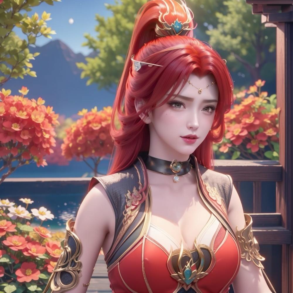 <lora:斗破苍穹-唐火儿:1>red hair,  (,1girl, ,best quality, ),looking at viewer,  ,,ultra detailed background,ultra detailed background,ultra realistic 8k cg, ,masterpiece, (( , )),, realistic,science fiction,mole, ultra realistic 8k cg, ,     ,crescent moon, jasmine \(flower\),     (cleavage), (),