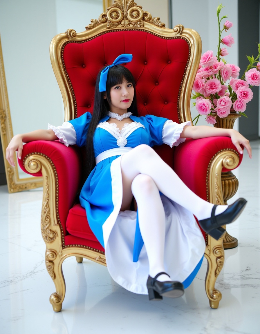 This is a photograph of an Asian woman with long, straight black hair, wearing a blue and white Victorian-style dress, thigh-high white stockings, and black Mary Jane shoes. She is reclining on a luxurious red, gold-accented throne with a tufted backrest. The background features a white marble floor, a decorative gold frame, and a vase with flowers. The setting suggests a cosplay or themed photoshoot with a whimsical, elegant atmosphere.