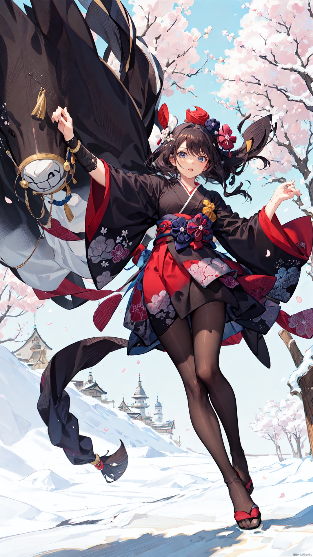tutututu,black pantyhose,(masterpiece:1),(best quality:1),((highly intricate details)),Katsushika Hokusai-inspired illustration art,bustling urban scene with a woman in a dress,cherry blossom trees in full bloom,energetic and dynamic brushwork,lively and vivid color palette,a celebration of seasonal beauty and the joy of life,intricate details and patterns,a sense of movement and vitality,an homage to the everyday charm and vibrancy of Hokusai's artistic style,<lora:add_detail:0.35>,<lora:merged_0024:0.7>,