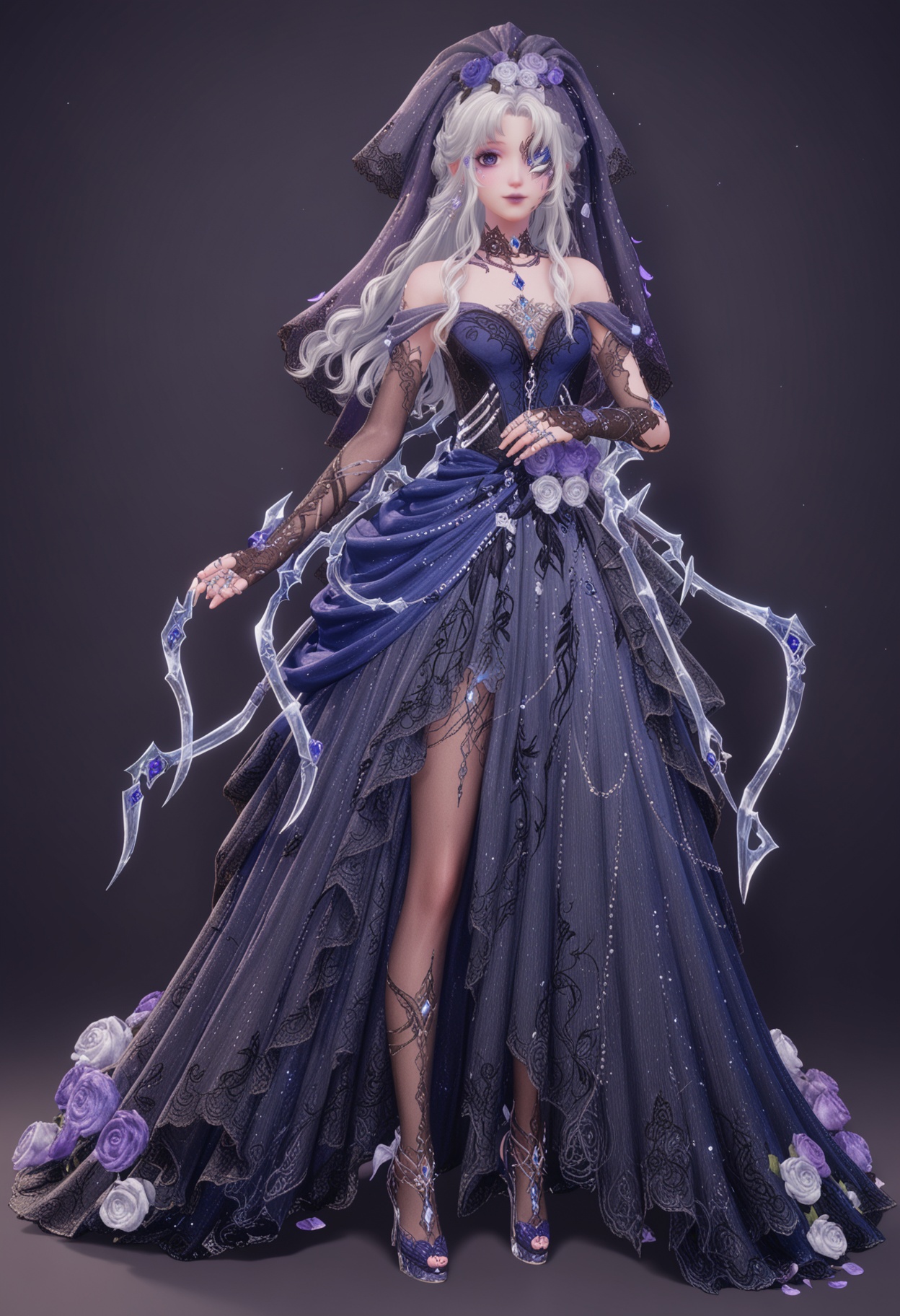 (full_body:1.1),(looking at viewer:1.1),facing viewer,direct gaze,<lora:YQ_pony_nuannuan36_V4:0.8>,q1528437228,1girl,solo,jewelry,long hair,white hair,purple eyes,dress,hair flower,hair ornament,makeup,earrings,gloves,ring,eyepatch,petals,purple lips,bridal gauntlets,pointy ears,blue eyes,grey hair,high heels,one eye covered,choker,pantyhose,long dress,bridal veil,fingerless gloves,necklace,fine fabric emphasis,bow,braid,eyeshadow,BREAK simple background,pure black background,black background,perfect anatomy,