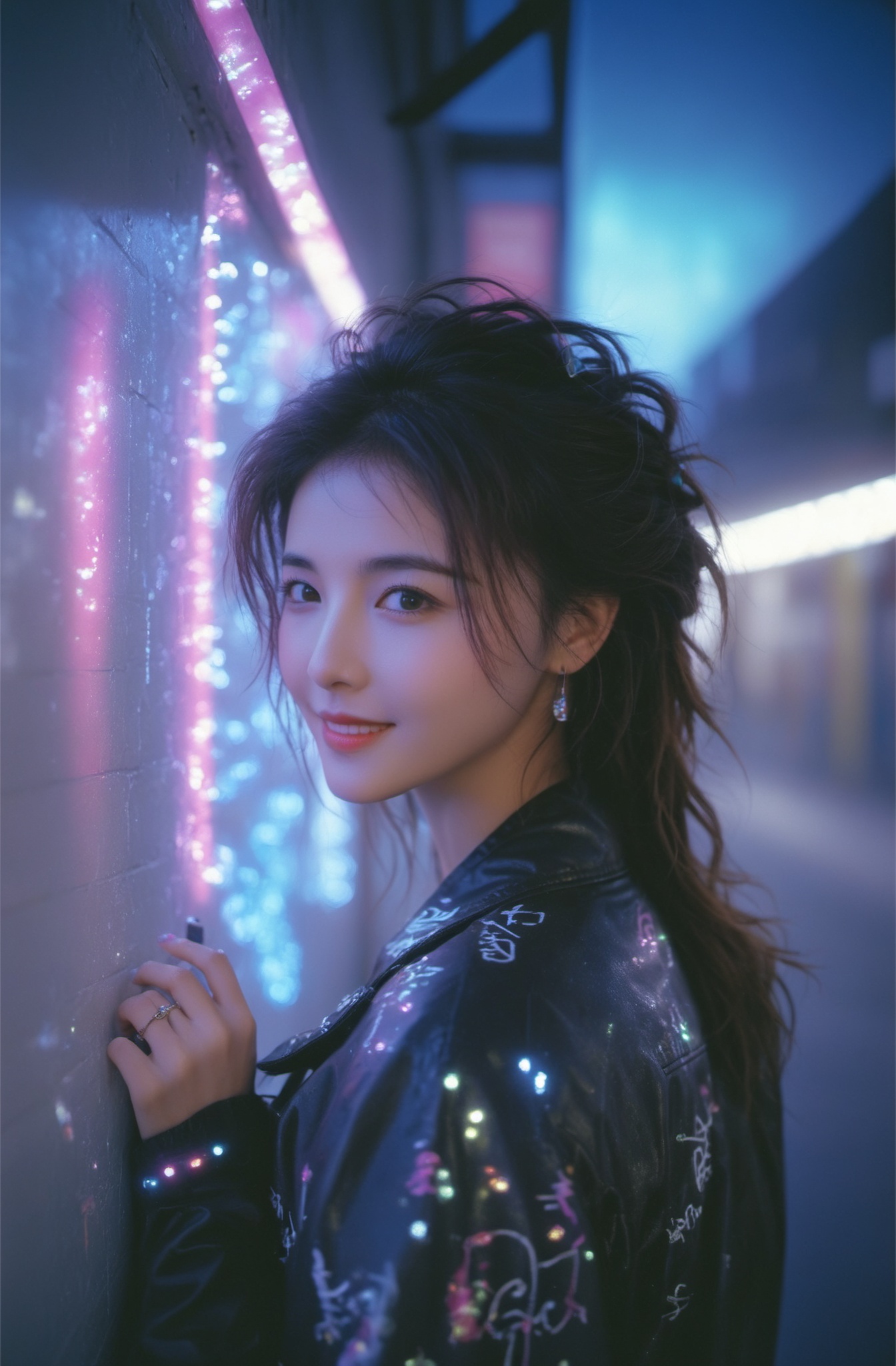 Cyberpunk,a woman leaning against ,a woman leaning against a wall with graffiti on it's side and her hair in the air,smile,by night, Intricate light,rotate focus,lens_flare,light particles,Film texture,KODAK Ektar 100