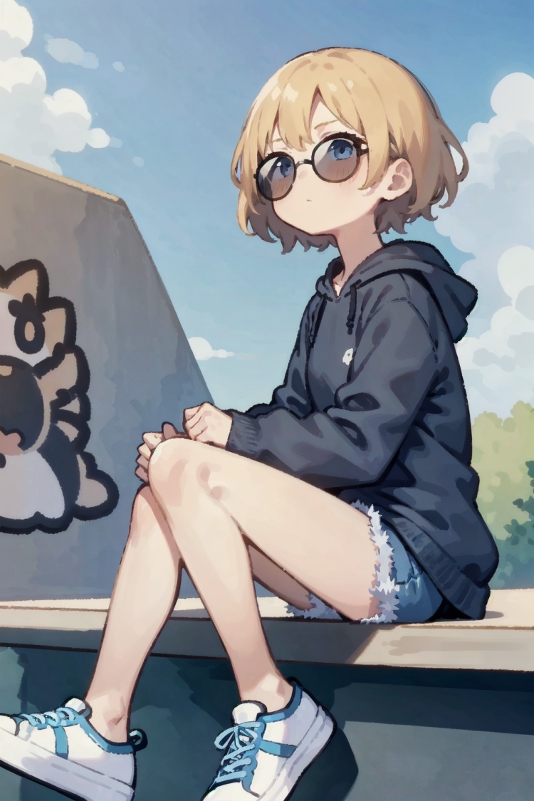 1girl, short hair, sitting, a pair of sunglasses, hoodie, colored hoodie, denim shorts, sneakers,  outdoor, blue sky, White clouds, graffiti wall, flat, solo