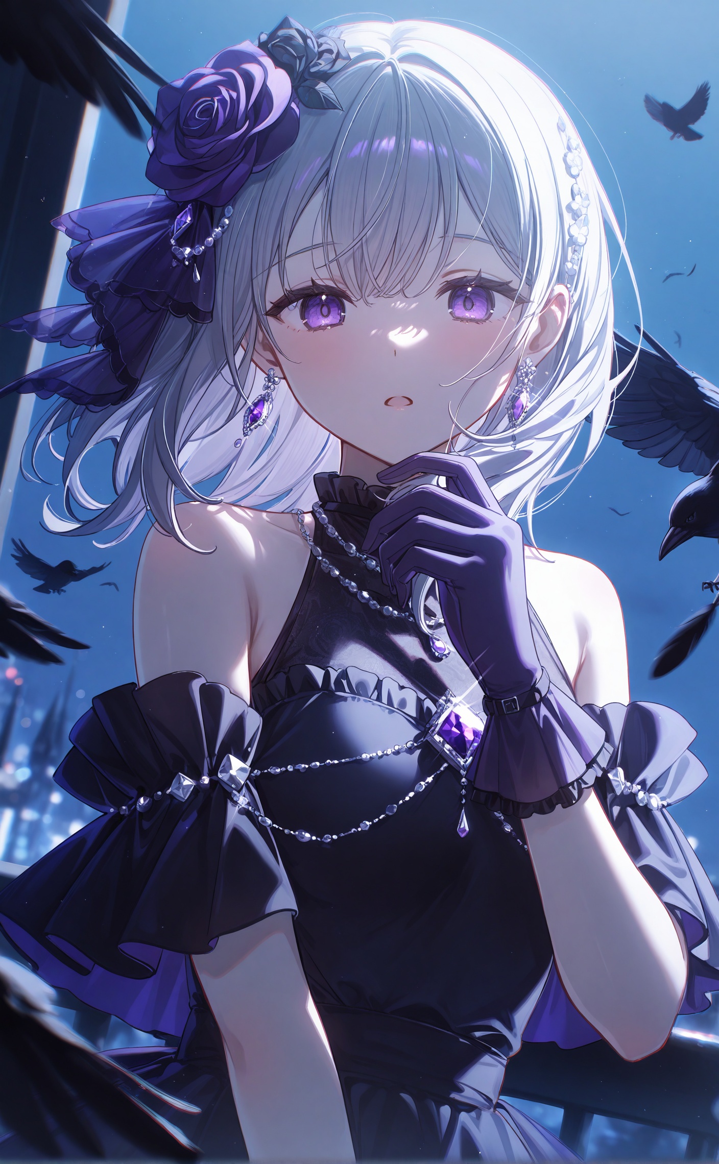 masterpiece,very aware,highres,absurdres,newest,best quality,loli,petite,high quality,chromatic_aberration,cinematic_angle,dutch angle,night,//,umehara,konya karasue,//,1girl,gloves,bird,hair ornament,hair flower,breasts,crow,jewelry,flower,earrings,purple eyes,solo,gem,upper body,looking at viewer,grey hair,rose,dress,bare shoulders,frills,necklace,purple gemstone,black flower,purple flower,black gloves,open mouth,glint,purple gloves,purple rose,hand up,black dress,medium hair,off shoulder,large breasts,