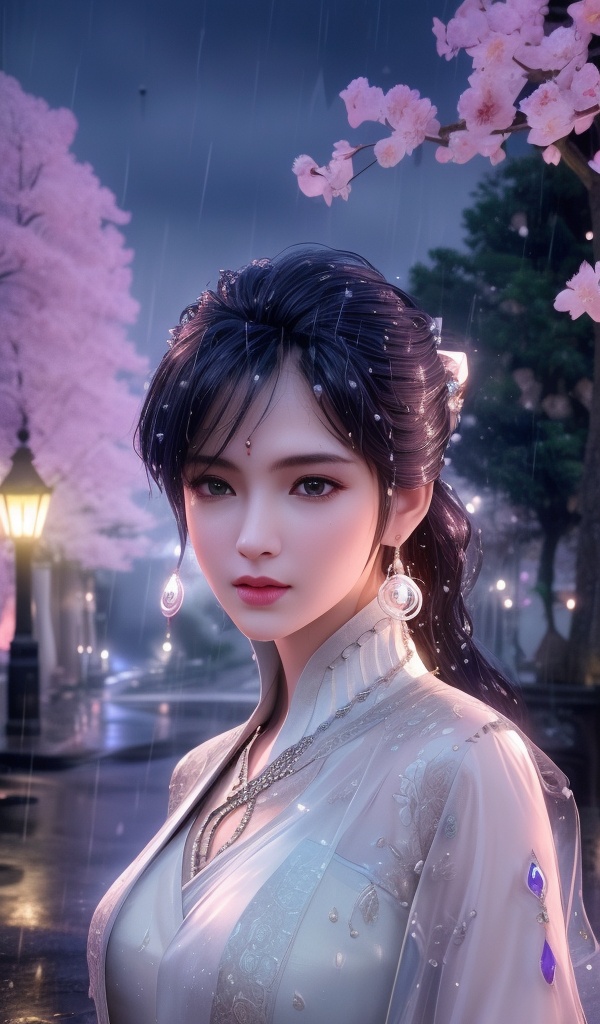 <lora:754-DA-眷思量-须灵犀-V2:0.8>, (,1girl, ,best quality, ),looking at viewer, ,ultra detailed 8k cg, ultra detailed background,  ultra realistic 8k cg,          cinematic lighting, cinematic bloom, (( , )),,  , unreal, science fiction,  luxury, jewelry, diamond, pearl, gem, sapphire, ruby, emerald, intricate detail, delicate pattern, charming, alluring, seductive, erotic, enchanting, hair ornament, necklace, earrings, bracelet, armlet,halo,masterpiece, (( , )),,  ,cherry blossoms,(((, night,night sky,lamppost,  ultra high res, (photorealistic:1.4), raw photo, 1girl, , rain, sweat, ,wet, )))(( , ))   (cleavage),,  (),