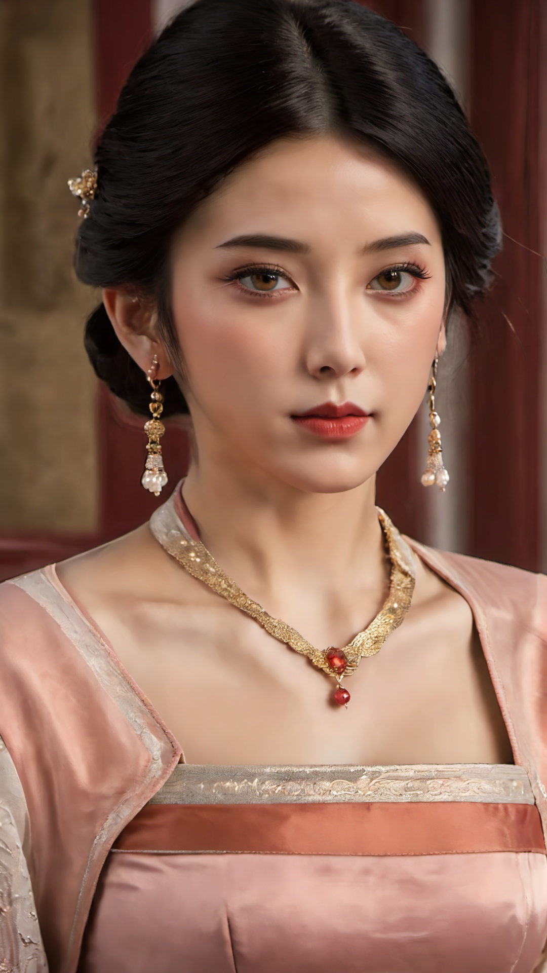 1girl,jewelry,solo,necklace,earrings,realistic,black hair,looking at viewer,chinese clothes,upper body,dress,hair ornament,brown eyes,lips,black eyes,<lora:lora.by_tusi:0.8>,
