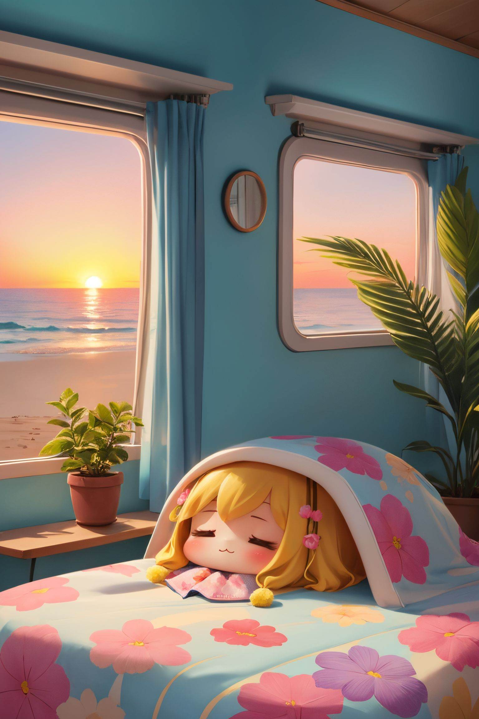 inside a cozy campervan,  comfy bed and warm blanket,  plants on Tensor.Art