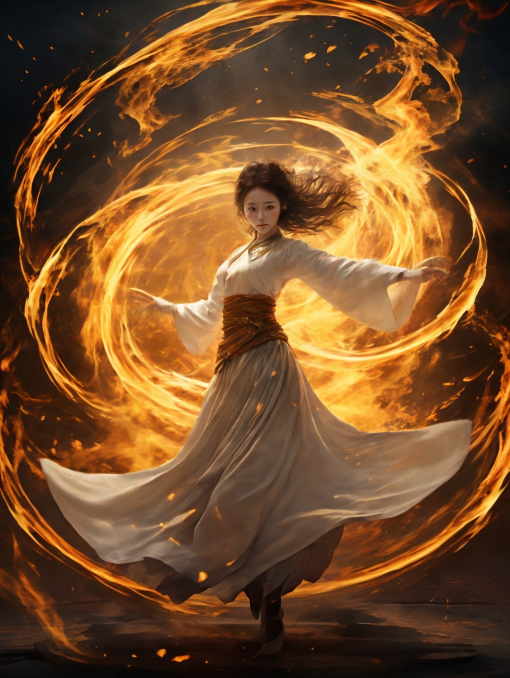 (1girl),traditional_clothes,flying,full_shot,fire,HWXY,ruins,magic circles,
