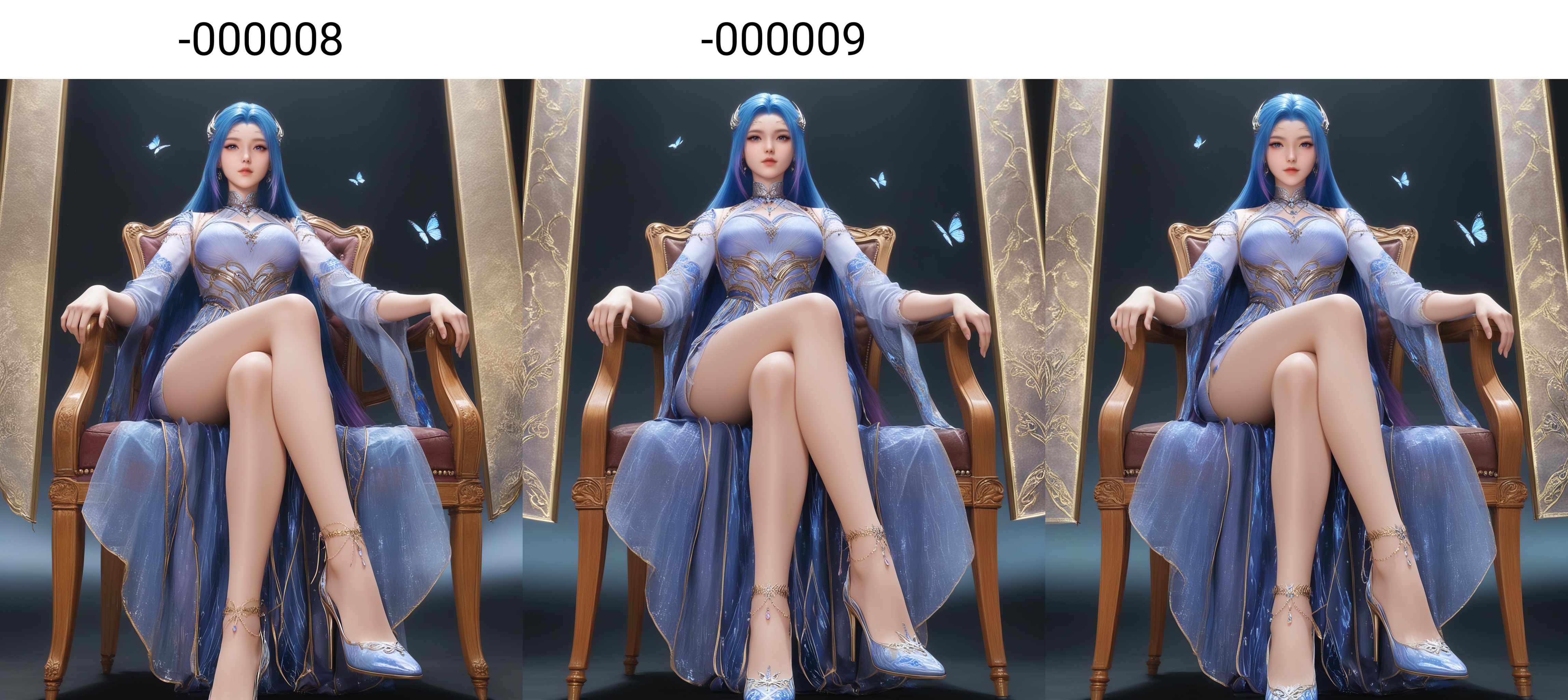 masterpiece,best quality,absurdres,highres,BREAK(glamor:1.1),slender,1girl,solo,<lora:唐舞桐-ill-000008:0.82>,long hair,blue hair,hair ornament,gradient hair,jewelry,earrings,necklace,high collar,clothing cutout,dress,detached sleeves,anklet,high heels,butterfly,looking at viewer,front view,sitting,pov,from below,crossed legs,chair,BREAKsimple background,black background,rim light,Tyndall effect,Volumetric Lighting,Cinematic Lighting,realistic,depth of field,