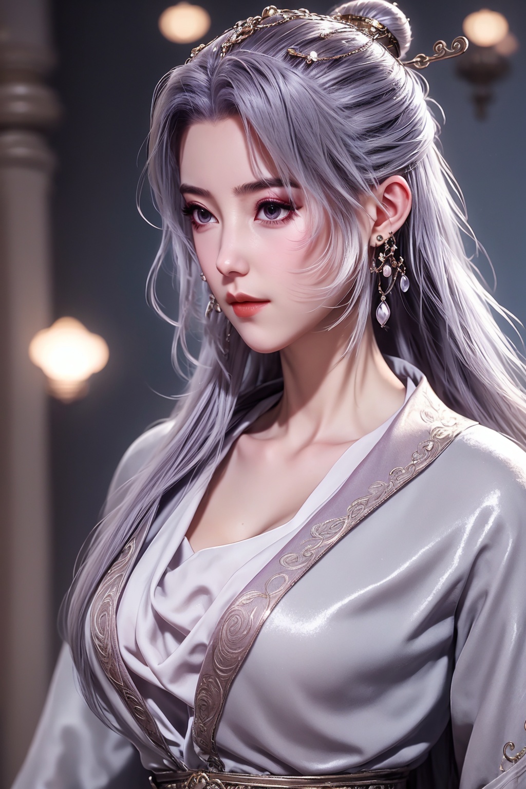 <lora:01云霄第一版:1>,1girl,solo,hair ornament,long hair,hair bun,upper body,jewelry,dress,earrings,single hair bun,chinese clothes,realistic,closed mouth,grey hair,