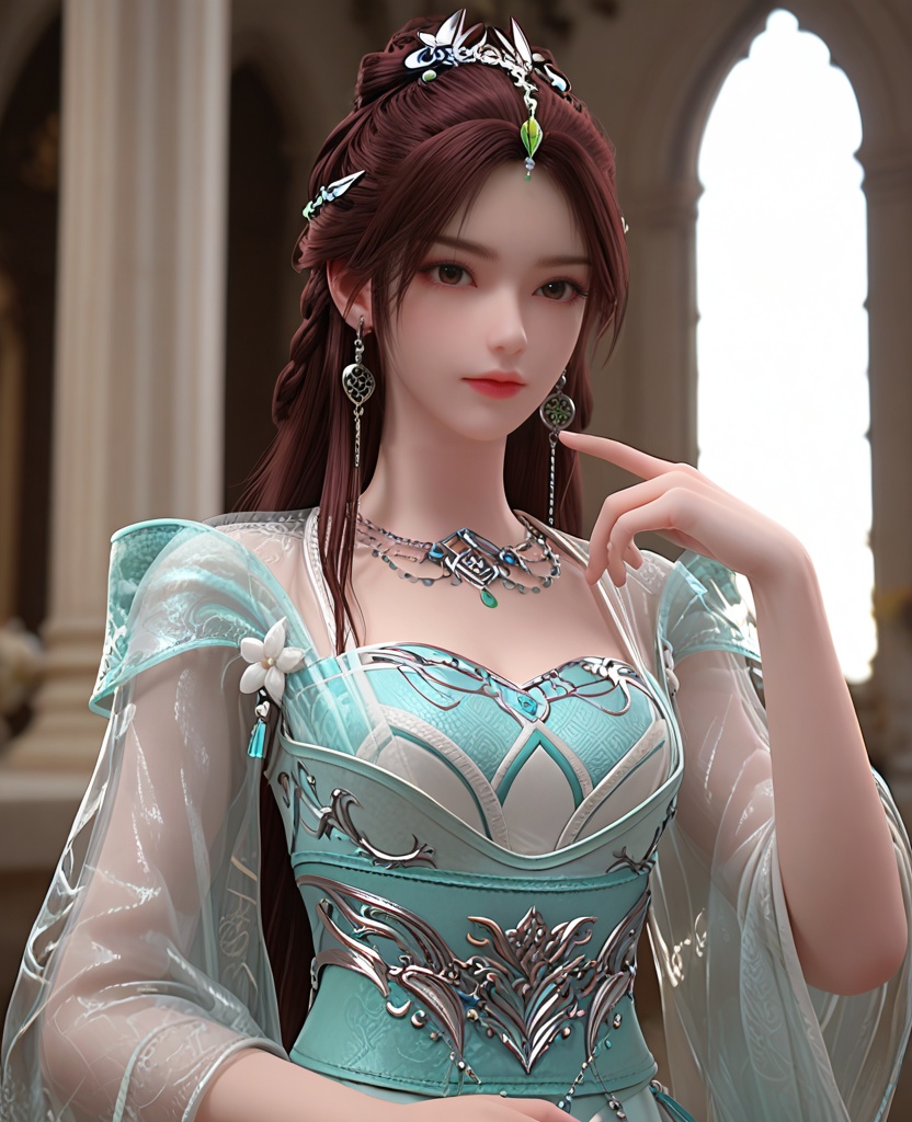 (oriental architecture, elegant decor, sophisticated style:1.1),figure four sitting,(breasts:1.2),<lora:XL完美世界叶倾仙:0.9>,miss yeqingxian,solo,see-through vest,green  corset,sash,see-through sleeves,see-through outerskirt with white petticoat underneath,brown eyes,brown hair,long hair,hair ornament,half updo,hanging hair,necklace,earrings,jewelry,, zPDXL2, score_9, score_8_up, score_7_up BREAK realistic, masterpiece,best quality, highly detailed,, zPDXL3, zPDXL2,zPDXL, zPDXLxxx, zPDXLrl,