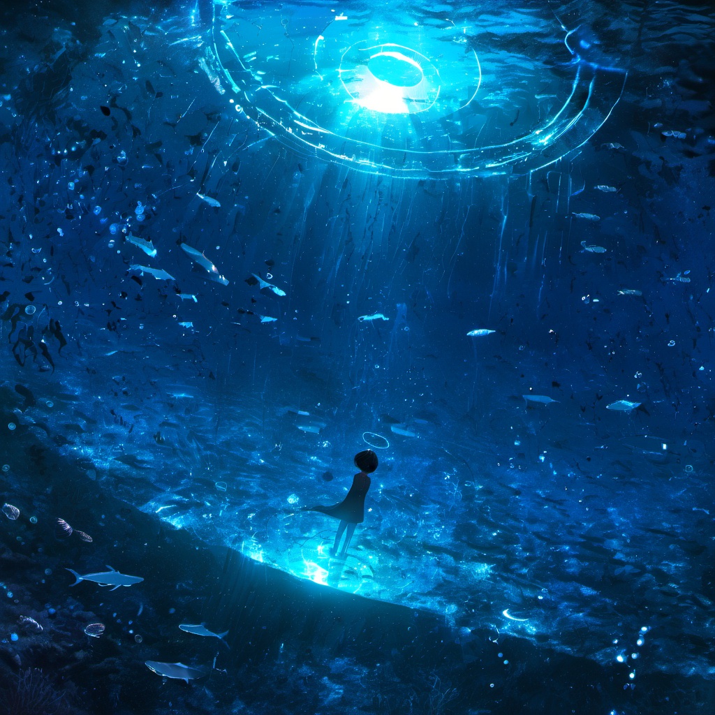 <lora:star_xl_v2:1>,a computer generated image of a space station in the middle of a galaxy filled with stars and a person floating in the water, 1girl, solo, short hair, black hair, dress, standing, outdoors, water, night, halo, star \(sky\), scenery, wading, blue theme, dark, ripples, sky, light particles, starry sky, reflection, The image portrays a mesmerizing underwater scene, illuminated by a radiant blue glow. A large, circular halo-like structure emits a soft light, casting a luminous pathway through the water. Various marine life, including sharks, fish, and other aquatic creatures, swim around the halo, seemingly drawn to its light. The water's surface is scattered with debris, including broken ropes and other underwater artifacts. The overall ambiance of the image is ethereal, with the blue hue giving it a dreamy and otherworldly feel.