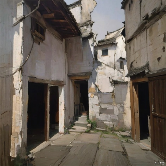 jxpWYFJ,Oil painting, low saturation, oil painting strokes, oil painting scenery, unmanned scenery, drone perspective, multi angle artist perspective, (medium to long distance), (high-definition),Huizhou style architectural villages, streets, alleys, and buildings. The high-definition details such as white gray walls, stone walls, horse head walls, and wooden lattice windows are captivating. The composition of the film's scenes is mystical and minimalist in style.Highlight thicker paint layers, wider brush strokes, and rough canvas texture surfaces. Morandi color, negative spatial composition, warm and peaceful atmosphere, light and shadow, master artist semi abstract oil painting style, 8K, best quality, super details<lora:EMS-416134-EMS:0.400000>, <lora:EMS-79765-EMS:0.200000>, <lora:EMS-416373-EMS:0.400000>