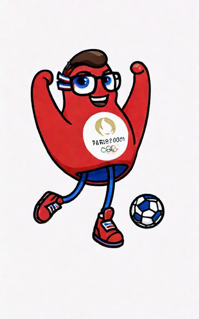 1boy, arms up, ball, blue eyes, english text, full body, glasses, happy,  no humans, parisayjixiang, red footwear, shoes, simple background, smile, solo, standing, playing soccer ball, white background, white footwear,  <lora:XL_ParisAYJixiang.128:0.7>