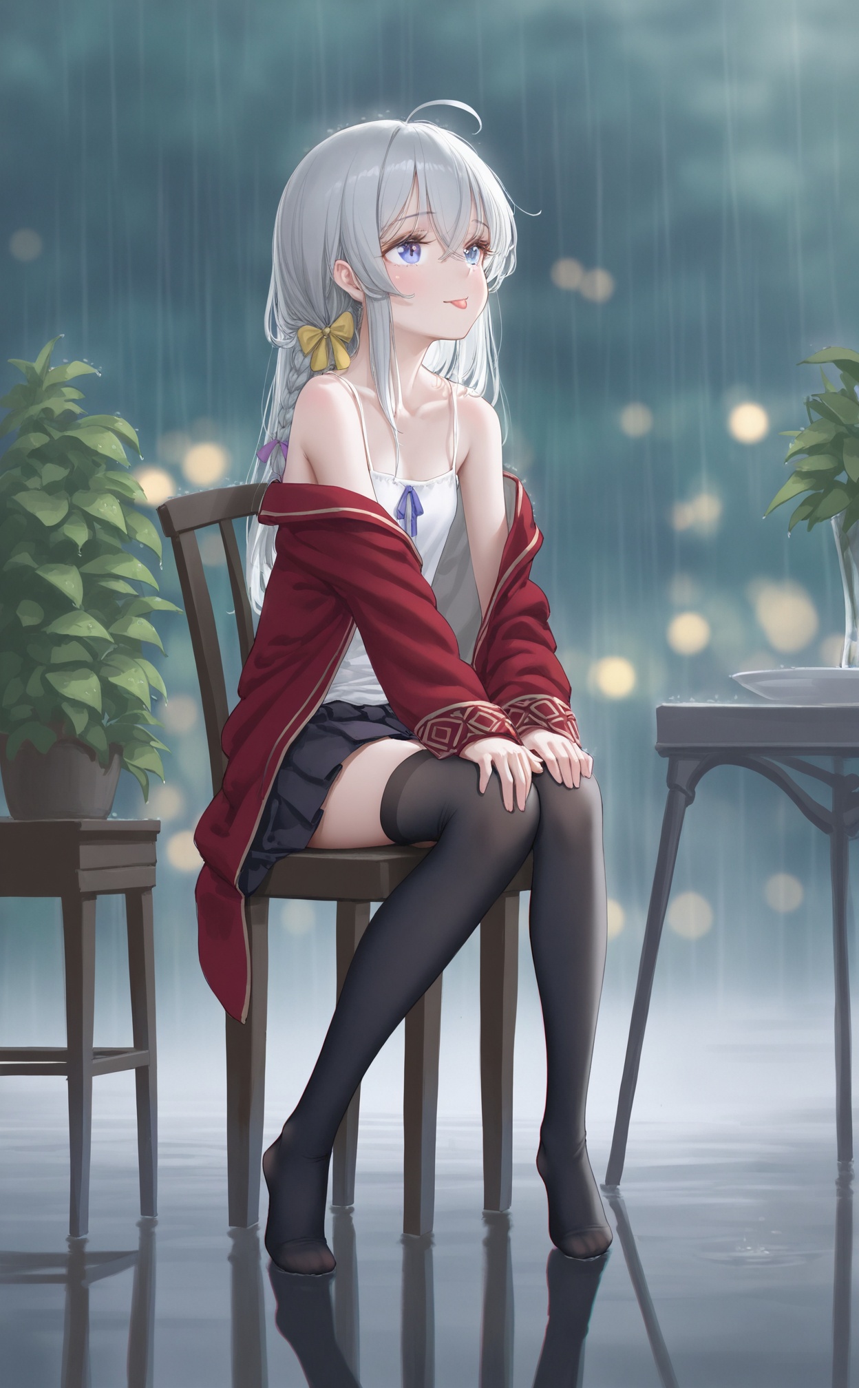 masterpiece,absurdres,best quality,((petite)),loli,high quality,chromatic_aberration,shiny_skin,//,elaina (majo no tabitabi), 1girl, ahoge, thighhighs, solo, long hair, black thighhighs, sitting, chair, blurry, off shoulder, red jacket, blurry background, skirt, rain, blue eyes, ribbon, grey hair, shirt, black skirt, hair between eyes, open clothes, hair ribbon, jacket, bow, yellow bow, plant, collarbone, open jacket, white shirt, smile, on chair, miniskirt, no shoes, zettai ryouiki, depth of field, long sleeves, spaghetti strap, closed mouth, hair bow, tongue out, full body, purple ribbon, table, tongue, potted plant, reflection, bare shoulders, sidelocks, pleated skirt, yellow ribbon, crossed bangs, open cardigan, sleeveless shirt, reflective water, small breasts, outdoors, hand on own knee, breasts, looking to the side//,(artist:ningen_mame:0.9),(artist:sho_(sho_lwlw):0.9),(artist:rhasta:0.9),(artist:wlop:0.7),(artist:ke-ta:0.6),(fkey:0.5),(tianliang duohe fangdongye:0.5),(hiten \(hitenkei\):0.6),