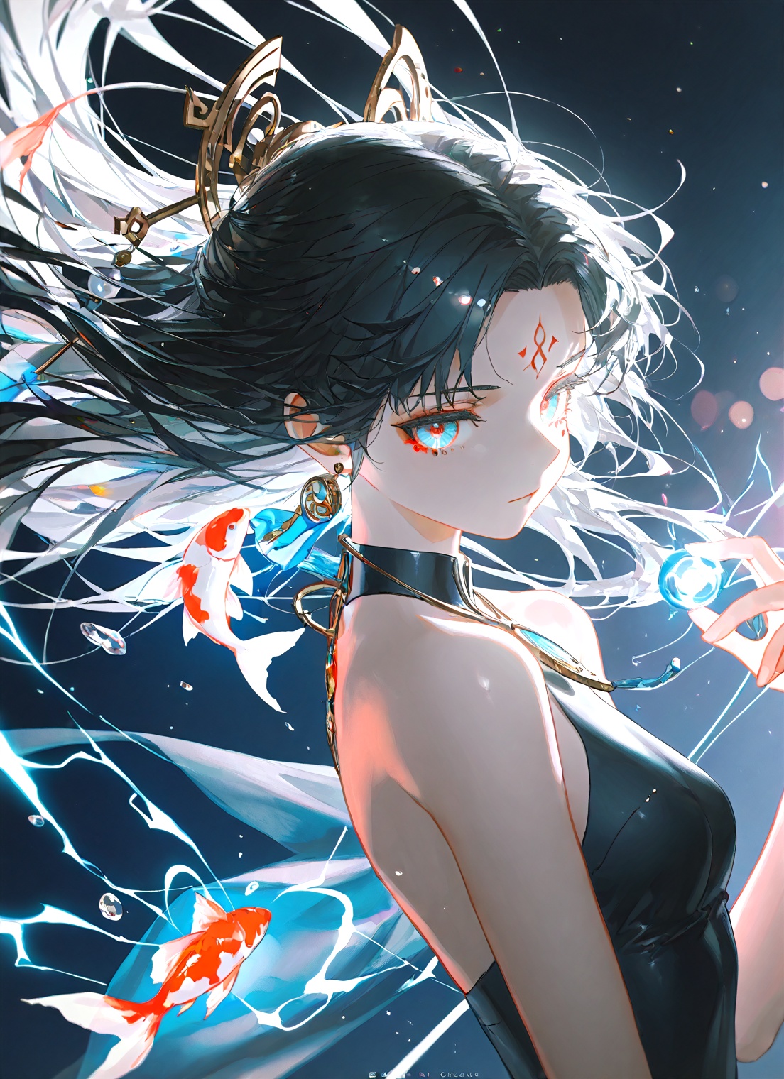 1girl,solo,long hair,looking at viewer,black hair,hair ornament,bare shoulders,jewelry,upper body,earrings,from side,floating hair,facial mark,fish,forehead mark,koi,depth of field,light particles,lens flare,(artist:quasarcake:0.8),extreme aesthetic,(wlop:0.6),wanke,rella,wanke,masterpiece,best quality,good quality,newest,year 2024,year 2023,very aesthetic,absurdres,Visual impact,Electromotive force,perspective composition,A shot with tension,ultra-high resolution,32K UHD,sharp focus,best quality,masterpiece,Emotionalization masterpiece,unconventional supreme,masterful details,with a high end texture,in the style of fashion photography,(Visual impact:1.2),giving the poster a dynamic and visually striking appearance,impactful picture,offcial art,colorful,splash of color,movie perspective,masterpiece,best quality,amazing quality,very aesthetic,absurdres,best quality,newest,qxsy,