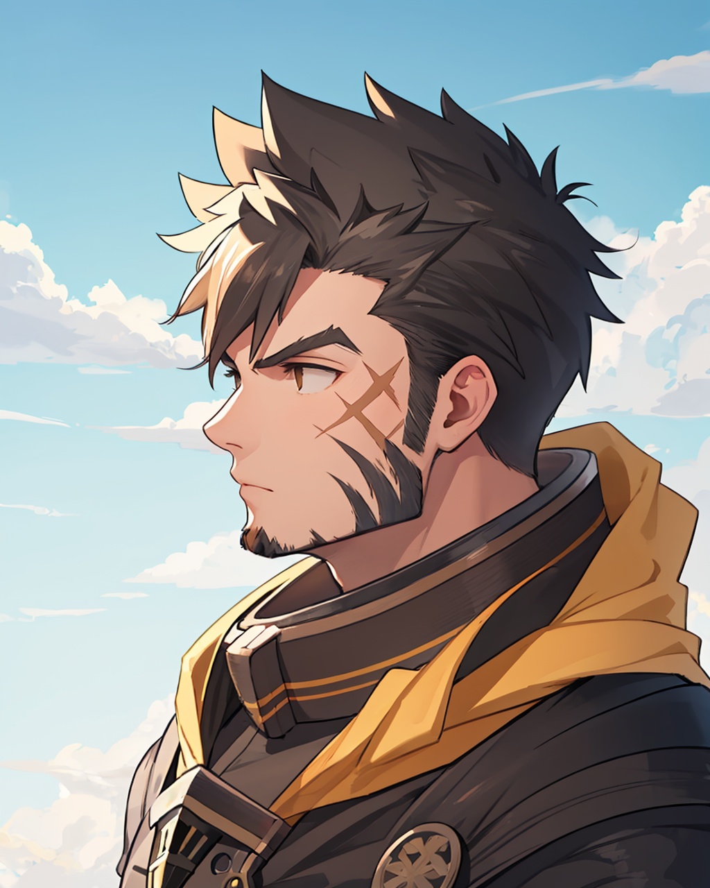 masterpiece,best quality, highly detailed, heracles (housamo),solo, 1boy, muscular male, bara, long sideburns, from side, cross scar, goatee, scarf, large pectorals, upper body, mature male, scar on cheek, scar on nose, thick eyebrows,<lora:heracles_(housamo):1>