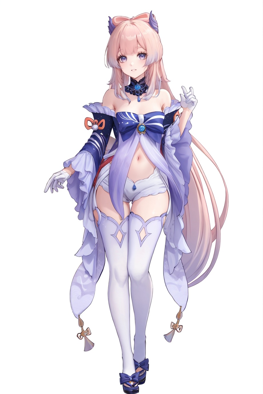 8k,best quality,masterpiece,(ultra-detailed),(high detailed skin),(by nanoless, by misumi \(macaroni\),:0.5),A full-body portrait of a young girl,standing gracefully,pastel art style,high-key lighting,shoujo manga influence,hd quality,delicate details,full body,full shot,standing,looking at viewer,(solo:1.2),simple background,(white background:1.2),<lora:xinhai_new-sd-Tanger-000018:0.8>,Sangonomiya Kokomi  /\(genshin impact/\), clothes: def xinhai clothes, 1girl, sangonomiya kokomi, thighhighs, navel, bow-shaped hair, long hair,white gloves, pink hair, shorts, wide sleeves, bangs,bare shoulders,