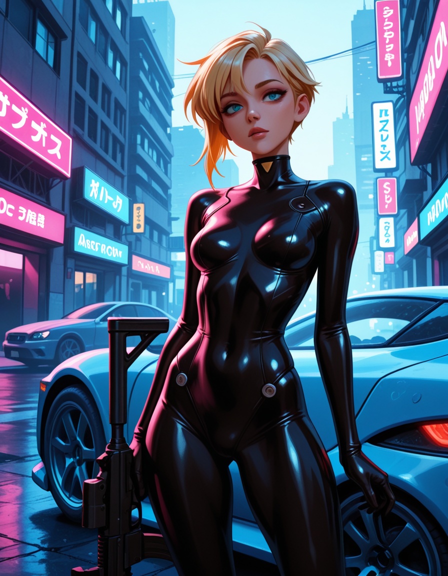cinematic film still a raw photoa young blonde woman in a latex bodysuit with an assault rifle,  next to a futuristic car,...