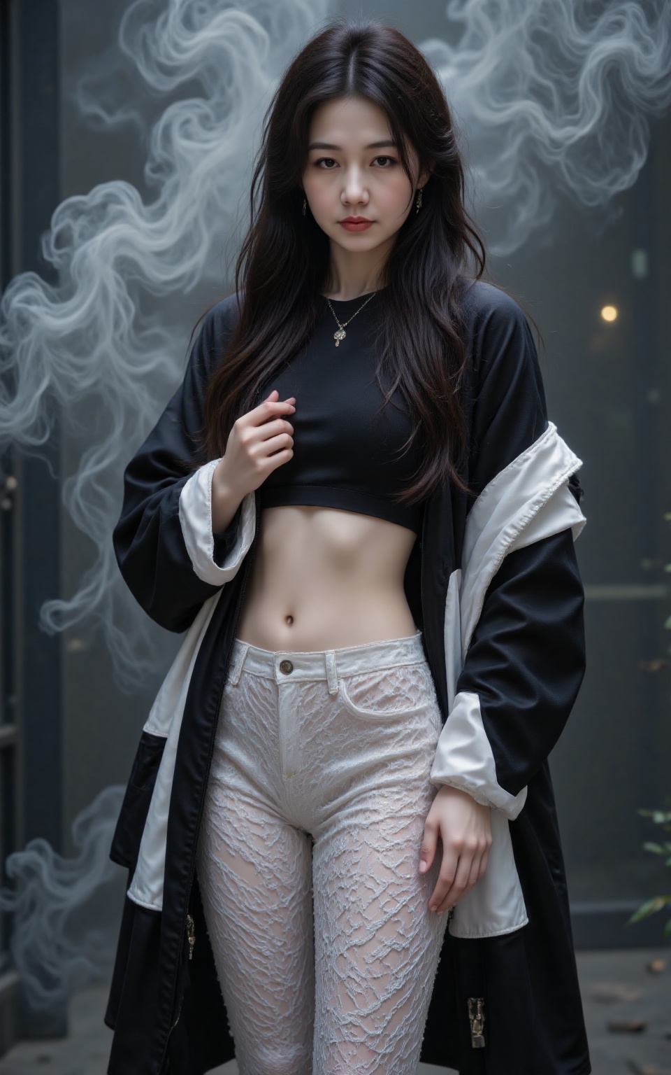 RUNYAN,RUNYAN black crop top and white lace leggings. She stands against a smoky ethereal backdrop and exudes a mysterious urban vibe. Dressed in a black and white jacket,