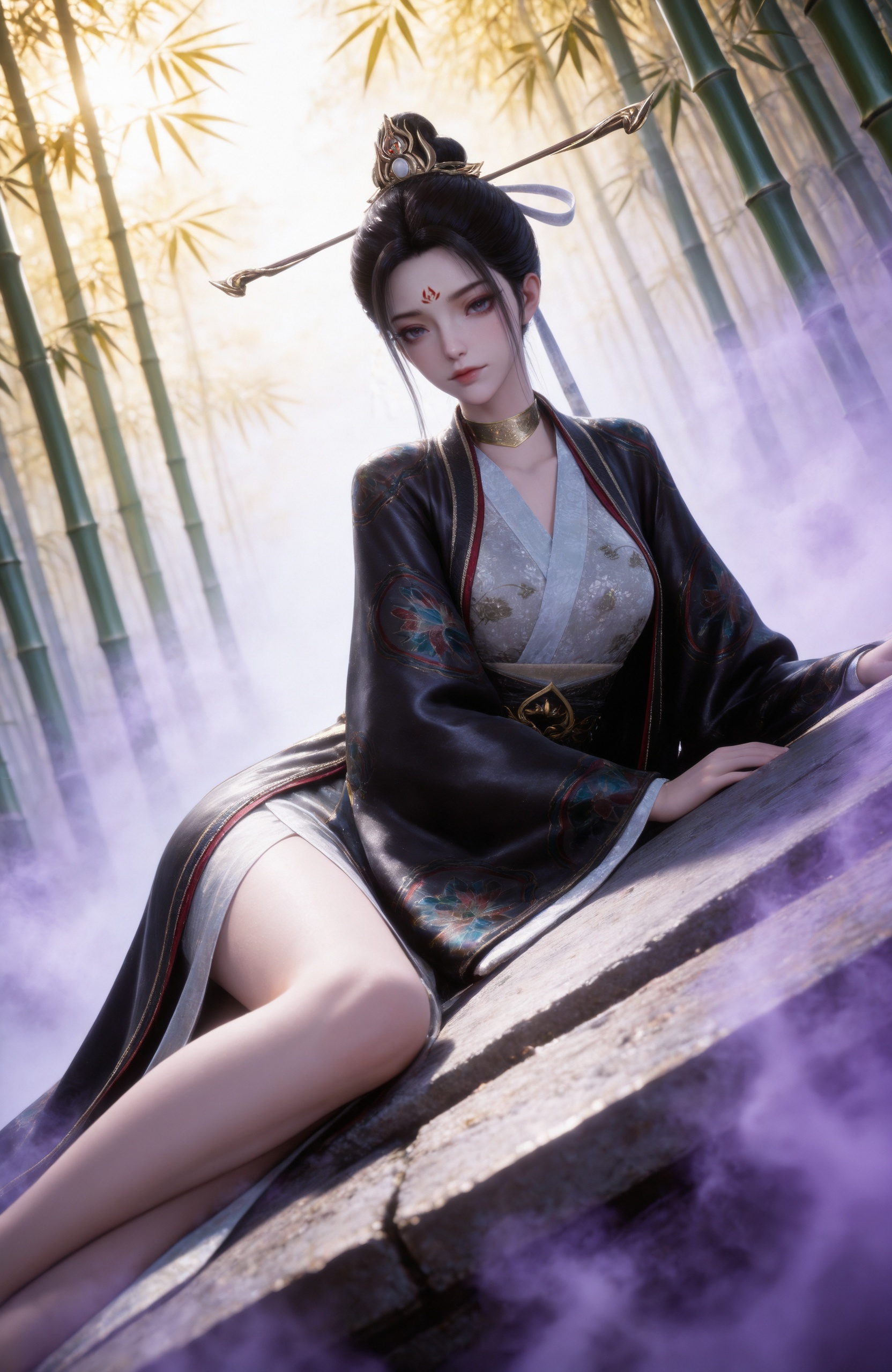 <lora:择天记-莫雨IL:0.8> 1girl, black hair, hair ornament, hair bun, forehead mark, hair stick, chinese clothes, long sleeves, sash, choker, dress, stairs,barefoot,1girl, solo, looking at viewer, black hair, long sleeves, hair ornament, dress, closed mouth, jewelry, lying, choker, hair bun, chinese clothes, facial mark, on side, single hair bun, forehead mark, bamboo, fog, bamboo forest, realistic style photo,outstanding style,Use soft lighting to cast gentle shadows on the subject,adding a touch of dimension to your images without compromising details,whirls of vapor,(Anime:1.1),soft neon light,ethereal ambiance,delicate details,magical atmosphere,concept art,highly detailed,ultra-high resolution,32K UHD,sharp focus,best-quality,masterpiece,golden hour,unconventional supreme masterpiece,masterful details,temperate atmosphere,with a high-end texture,in the style of fashion photography,magazine style,Dynamic Angle,Dynamic posture,magazine style,Dynamic Angle,Dynamic posture,(cowboy_shot:1.2),eye trail,depth of field,cinematic lighting,lens flare,close-up,extreme aesthetic,(wlop:0.6),(honjou raita,lack,rella,wanke:0.5),masterpiece,best quality,good quality,newest,year 2025,very aesthetic,absurdres,Visual impact,A shot with tension,ultra-high resolution,32K UHD,sharp focus,best-quality,masterpiece,Emotionalization,unconventional supreme masterpiece,masterful details,temperate atmosphere,with a high-end texture,in the style of fashion photography,(Visual impact:1.2),giving the poster a dynamic and visually striking appearance,