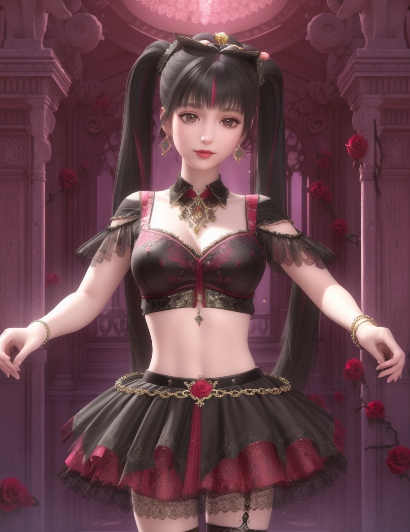 ultra realistic 8k cg, picture-perfect face, flawless, clean, masterpiece, professional artwork, famous artwork, cinematic lighting, cinematic bloom, perfect face, beautiful face, fantasy, dreamlike, unreal, science fiction , beautiful clothes, lace, lace trim, lace-trimmed legwear,  (rich:1.4), prestige, luxury, jewelry, diamond, gold, pearl, gem, sapphire, ruby, emerald, intricate detail, delicate pattern, charming, alluring, seductive, erotic, enchanting, hair ornament, necklace, earrings, bracelet, armlet,halo((,1girl, pov,))  (((,, multiple_girls, 2girls, flower, rose,, multicolored_hair, , midriff, twintails, skirt, large breasts, )))   <lora:DA_ChloeNightWings:0.6>