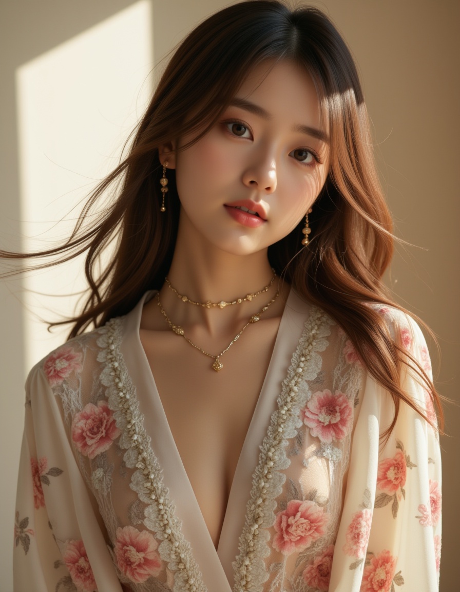 A best quality,  masterpiece raw photo of a girl dressed in a long floral lace robe with ornate details,  complemented by...