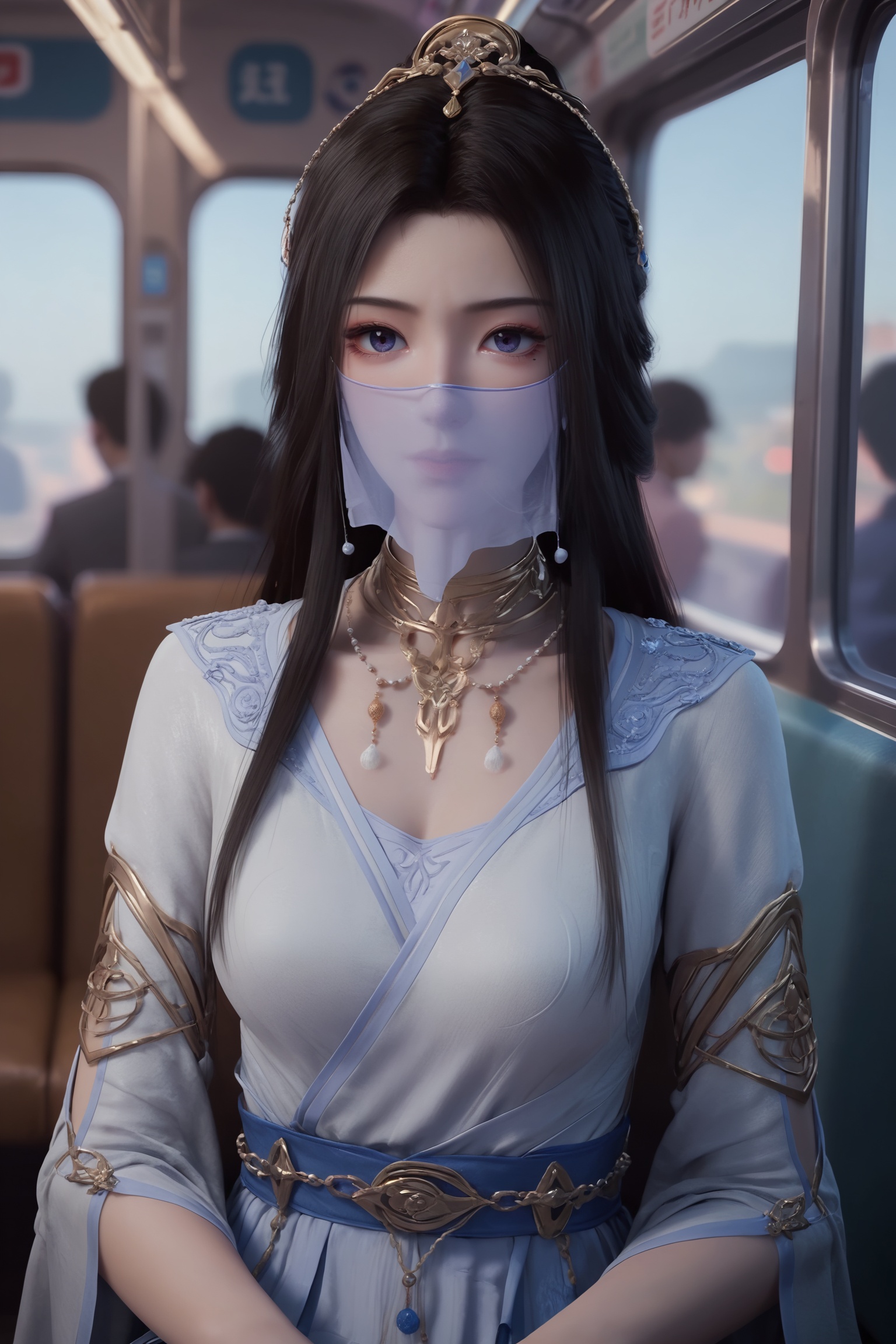 solo,1girl,solo focus,(perfect_anatomy:1.1),(upper_body:1.2),(portrait:1.1),sitting,(train_interior:1.1),(blurry_background:1.2),score_9,<lora:凡人-紫灵结丹初期:0.7>,long,straight black hair,a light blue gown with intricate golden details,high collar,long sleeves,golden belt,white cloth mask,