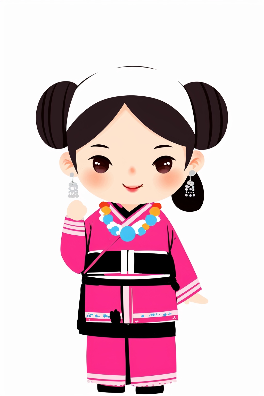 1girl, black hair, brown eyes, double bun, earrings, flower, full body, hand up, hat, head scarf, japanese clothes, jewelry, kimono, kp, long sleeves, makeup, necklace, simple background, smile, solo, standing, transparent background, upper body, white background,<lora:kp_Q萌民族风V1:0.8>,kp,chibi,, masterpiece, best quality, unity 8k wallpaper,8k, ultra high res