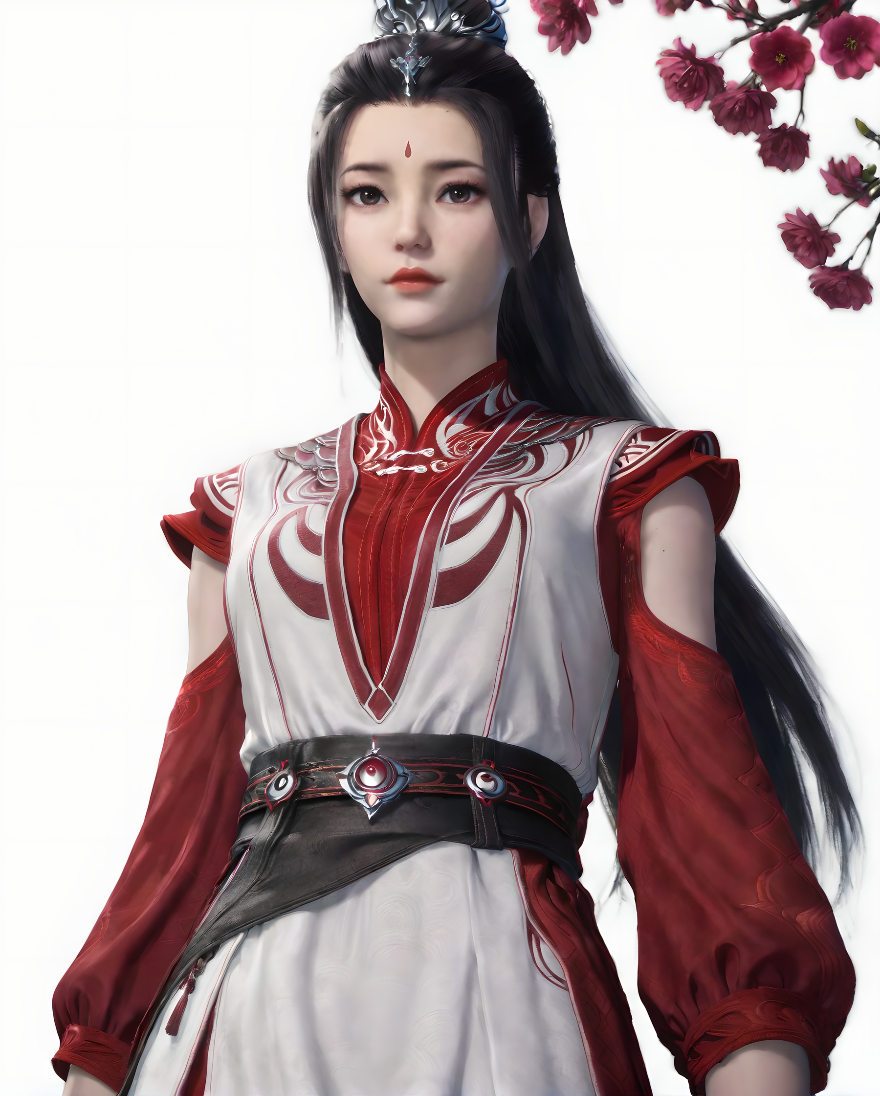 <lora:SF_YouQinXuanYa_Pony_Realism-000004:0.7>,1girl,solo,flower,dress,facial mark,hair bun,forehead mark,belt,red dress,hair ornament,standing,looking at viewer,branch,black hair,long hair,white background,falling petals,