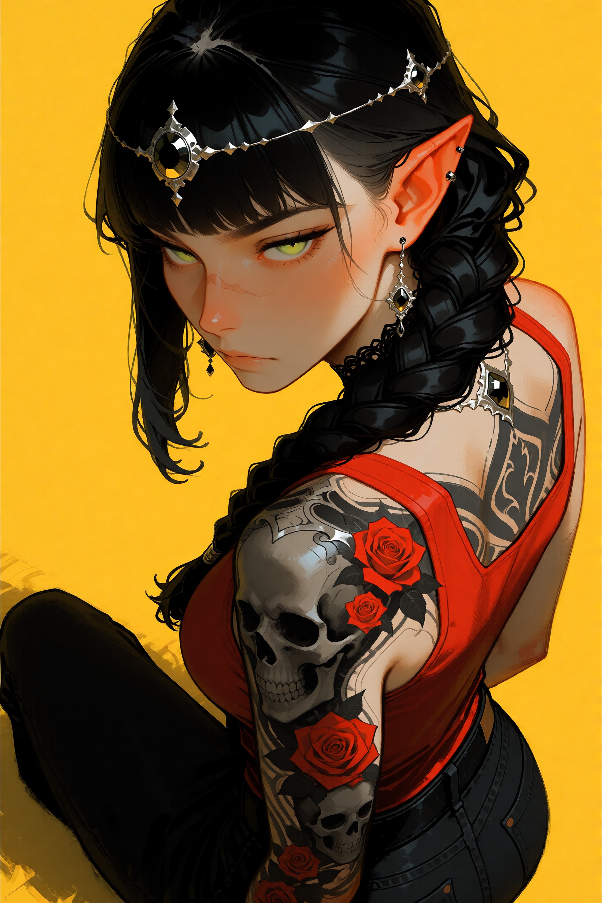 view from alightly above,  a highly detailed anime-style digital illustration of a 42 year old elven woman with sharp feat...