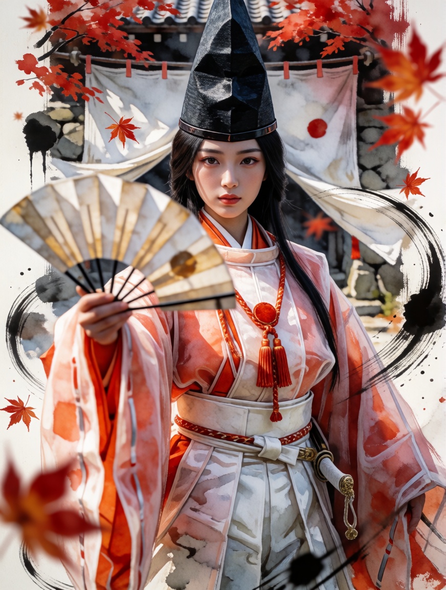 shirabyoshi,  This is an artistic,  anime-style digital watercolor painting featuring a close-up of a beautiful young woma...