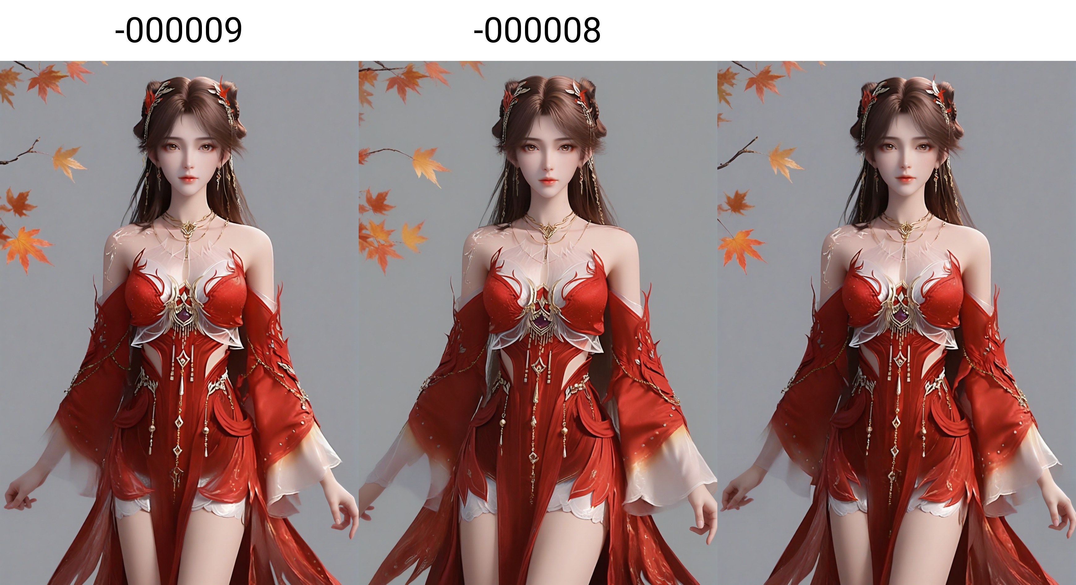 (score_9),<lora:火灵儿天神-apony-000009:0.83>,huolinger,1girl,solo,long hair,brown hair,brown eyes,jewelry,hair ornament,necklace,red dress,earrings,detached sleeves,clothing cutout,gold accents,front view,looking at viewer,light blush,cowboy shot,bare legs,long dress,BREAK<lora:Expressive_H-000001:0.8>,collarbone,(glamor:1.2),(mature_female),large breasts,pointy breasts,puffy breasts,<lora:e肤色滑块:0.35>,fair_skin,(white_skin),(Ivory_skin),BREAK<lora:SDS-XL泛光调节器_v1.0:1.2>,simple background,grey background,in autumn,grove,(maple_tree),(maple_leaf),leaf,autumn leaves,falling leaves,branch,twig,l,