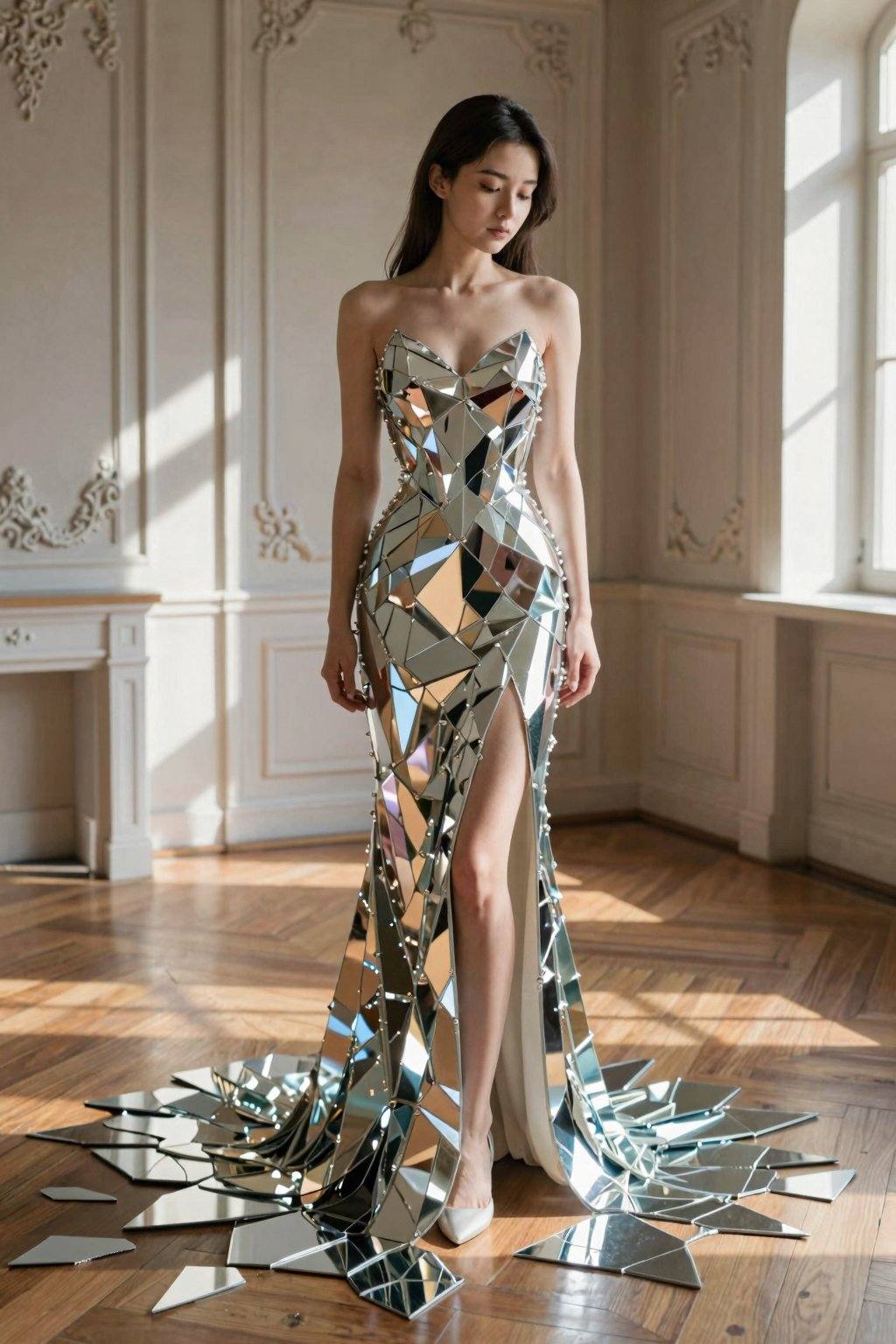 A slender, elegant woman, around twenty years old, stands centered in a grand, sunlit room, adorned in a breathtaking, floor-length gown composed entirely of mirrored fragments. The dress, meticulously crafted, reflects light in a mesmerizing array, with sharp, geometric forms that create a mosaic effect, and a slight opening over the legs. Her is dark long hair, and her expression, pensive and downward-gazing, suggests a contemplative mood. The dress trails slightly onto the polished wooden floor, where scattered shards of mirror lie, creating an illusion of broken reflections. Light from an unseen source filters through the mirror fragments, creating complex patterns of reflected light on the walls. The background includes ornate wall paneling and simple furniture. The image is a study in light and shadow, highlighting the contrast between the sharp angles of the dress and the soft, natural light, creating a surreal, ethereal atmosphere. The overall style is akin to conceptual fashion photography, with elements of surrealism and a touch of art-deco influence.