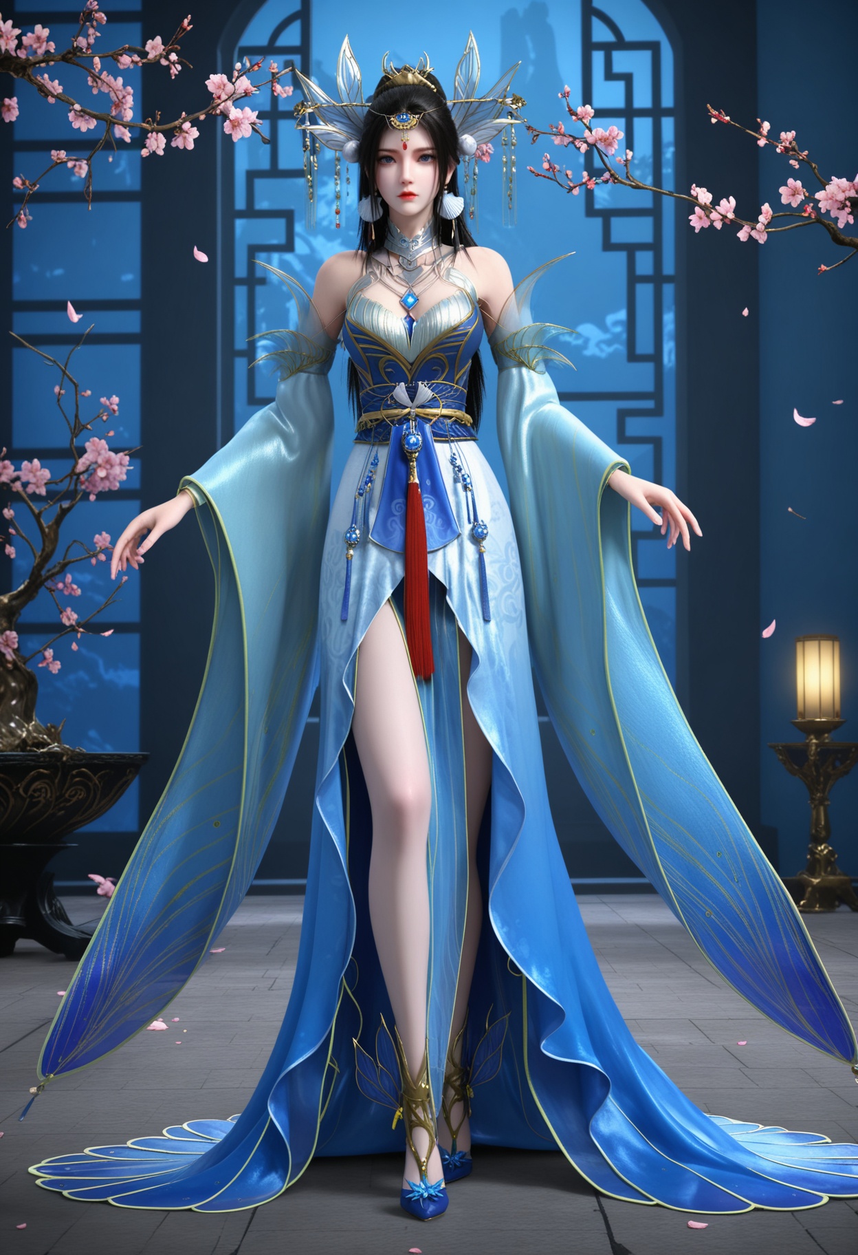 (standing full_body:1.1),(looking at viewer:1.1),masterpiece,(best quality),smog,Dark room,dim lighting,peach blossom,falling petals,<lora:YQ_Illustrious光辉v5_楚宣_V1:0.8>,q1528437228,1girl,solo,hair ornament,black hair,long hair,jewelry,dress,earrings,blue dress,chinese clothes,detached sleeves,blue eyes,sash,necklace,high heels,hair bun,tiara,blue footwear,brown hair,forehead mark,wide sleeves,long sleeves,pantyhose,ponytail,detached collar,collar,thighs,gold footwear,