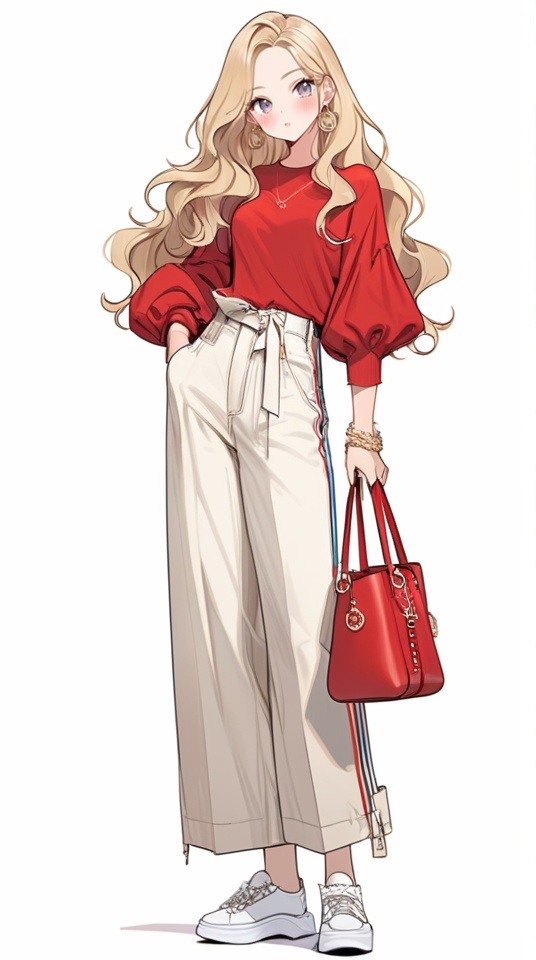 (best quality), ((masterpiece)), (highres), illustration, original, extremely detailed . <lora:日式动漫人设GIRL版XL:0.8>ooo, 1girl, solo, white background, jewelry, shoes, holding bag, bag, holding, full body, blush, earrings, pants, simple background, long hair, standing, blonde hair, bracelet, white footwear, sneakers, long sleeves, hand in pocket, shirt, looking at viewer, puffy long sleeves, red shirt, wavy hair, puffy sleeves, handbag, grey eyes