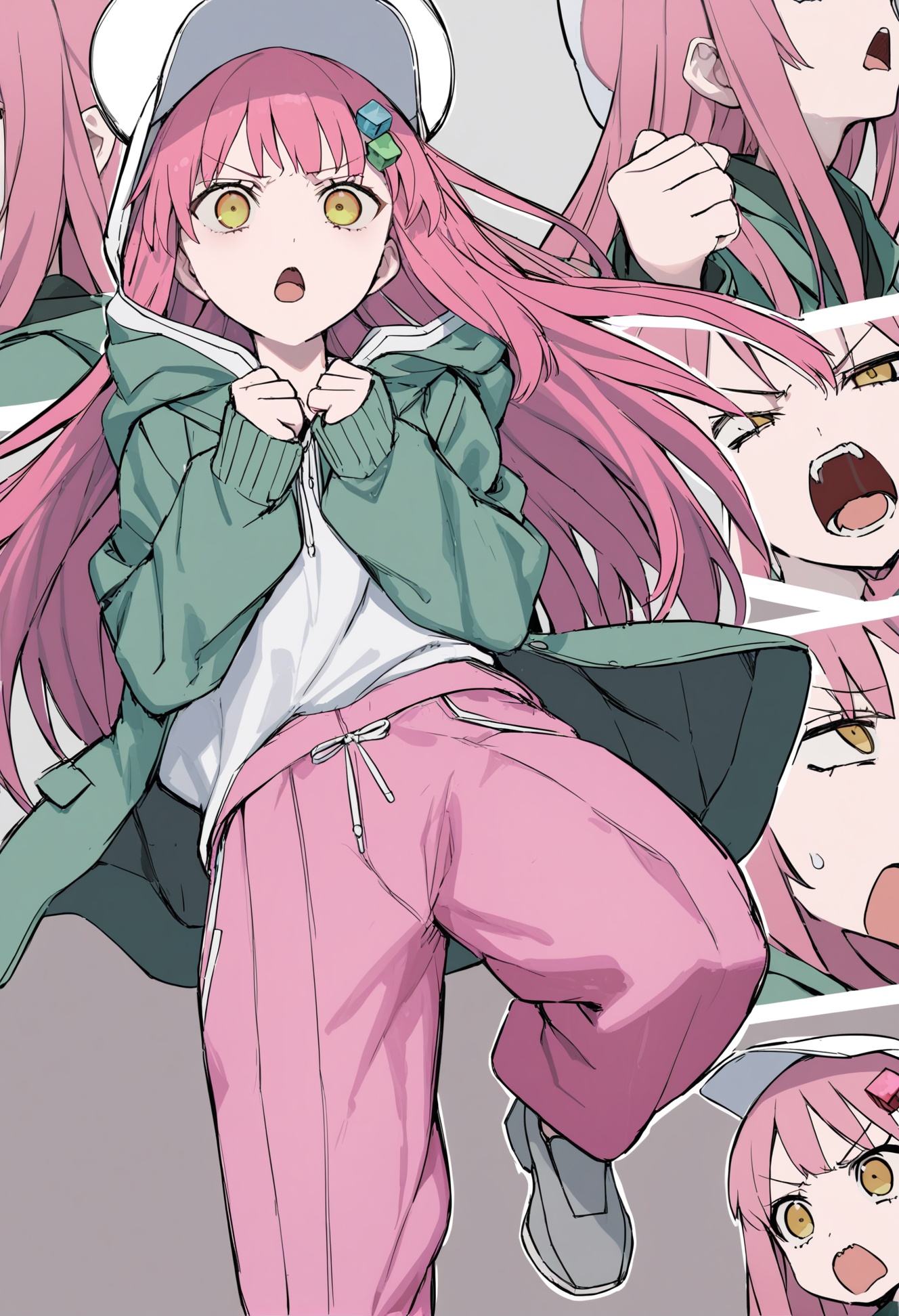 masterpiece, best quality,1girl,   solo, long hair, pink hair, dress, white dress, gotou hitori, white headwear, hair ornament, screaming, blush stickers, suit, green hoodie, hoodie, v-shaped eyebrows, >o<, expressions, angry, yellow eyes, open mouth, clenched hands, cube hair ornament, jacket, looking to the side, pink jacket, sideways, hood, looking up, expressionless, green suit, pink pants, pants, sweat, pant suit, grey footwear <lora:hakuhiruoeoeXLlokr-000056:1>