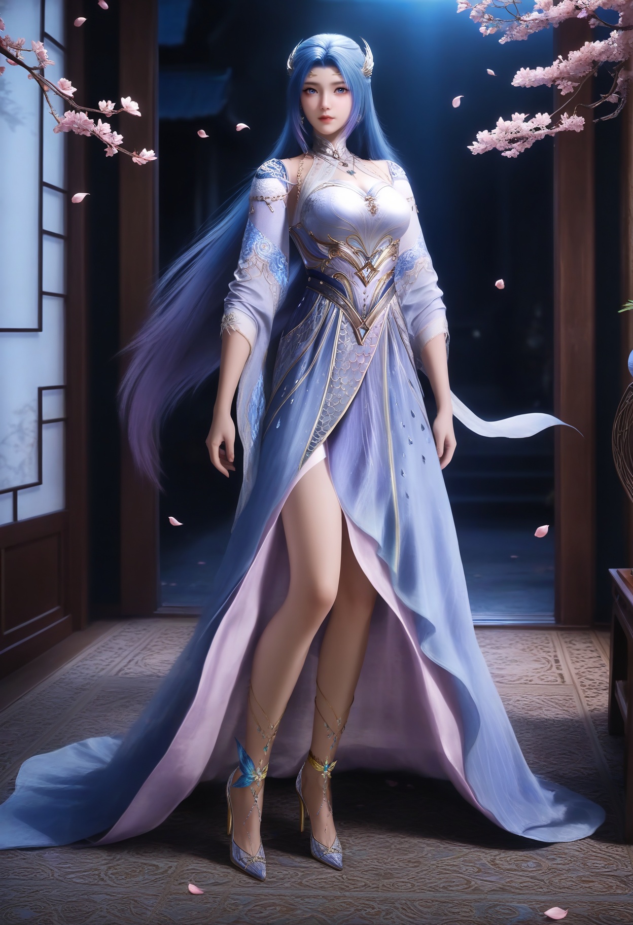masterpiece,best quality,amazing quality,very aesthetic,high resolution,ultra-detailed,absurdres,scenery,photorealistic,(looking at viewer:1.1),(Dark room:1.3),(moody lighting:1.1),peach blossom,falling petals,(large breasts:0.8),tangwutong,1girl,solo,long hair,hair ornament,blue eyes,jewelry,dress,earrings,detached sleeves,high heels,necklace,anklet BREAK photorealistic details,<lora:QQSilltangwutongV1:0.8>,